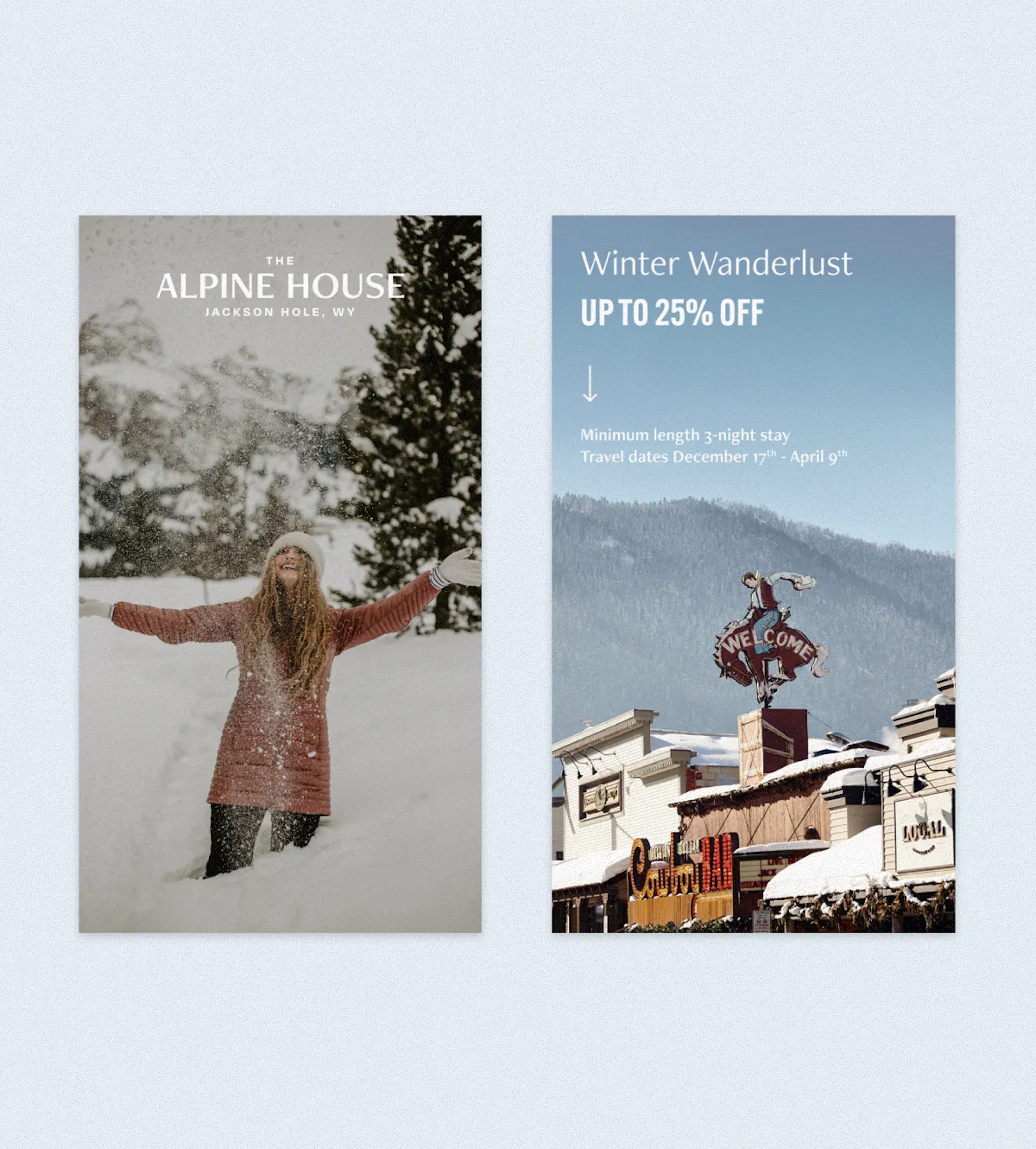 Two phone mockups, woman in snow and Winter Wanderlust promo