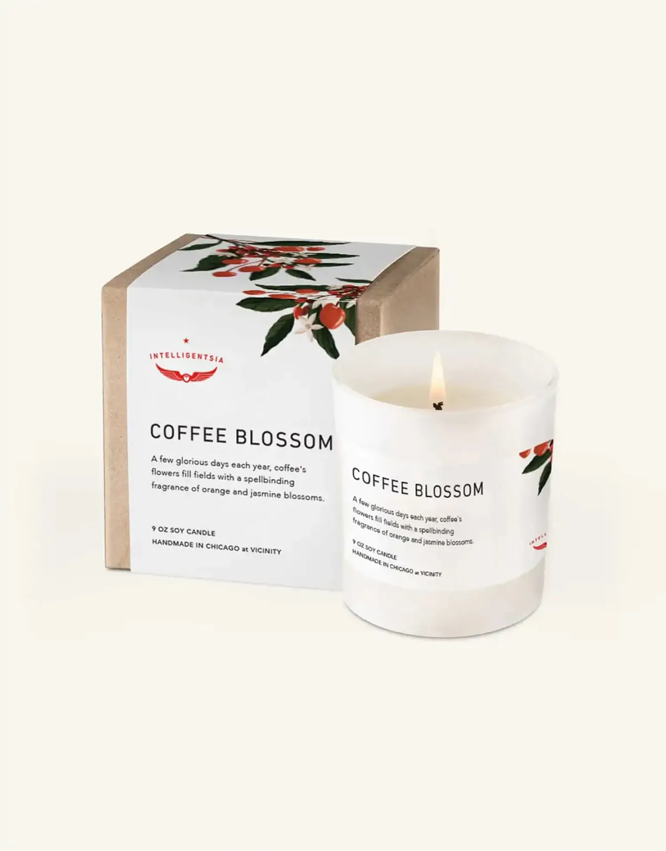 Coffee Blossom candle beside its packaging box