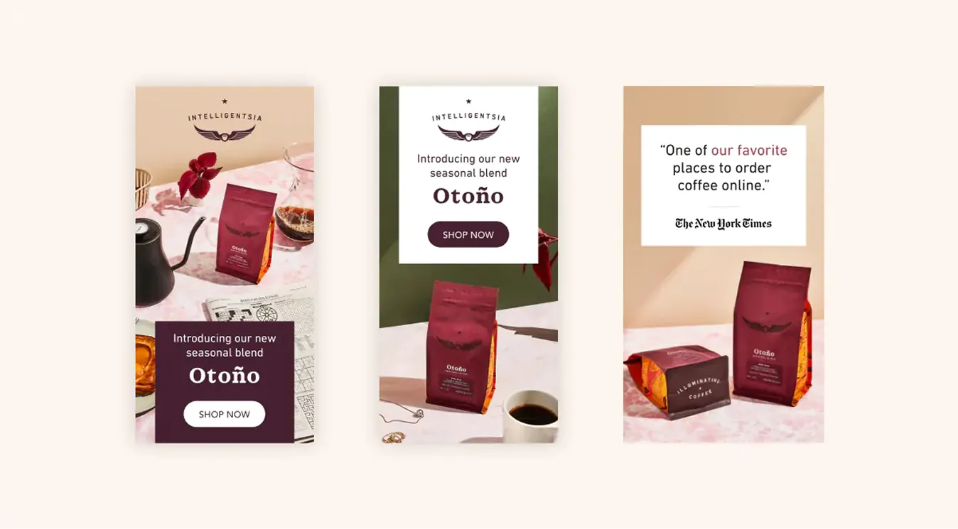 Three vertical ads for Otoño Blend coffee featuring the burgundy bag and a New York Times quote
