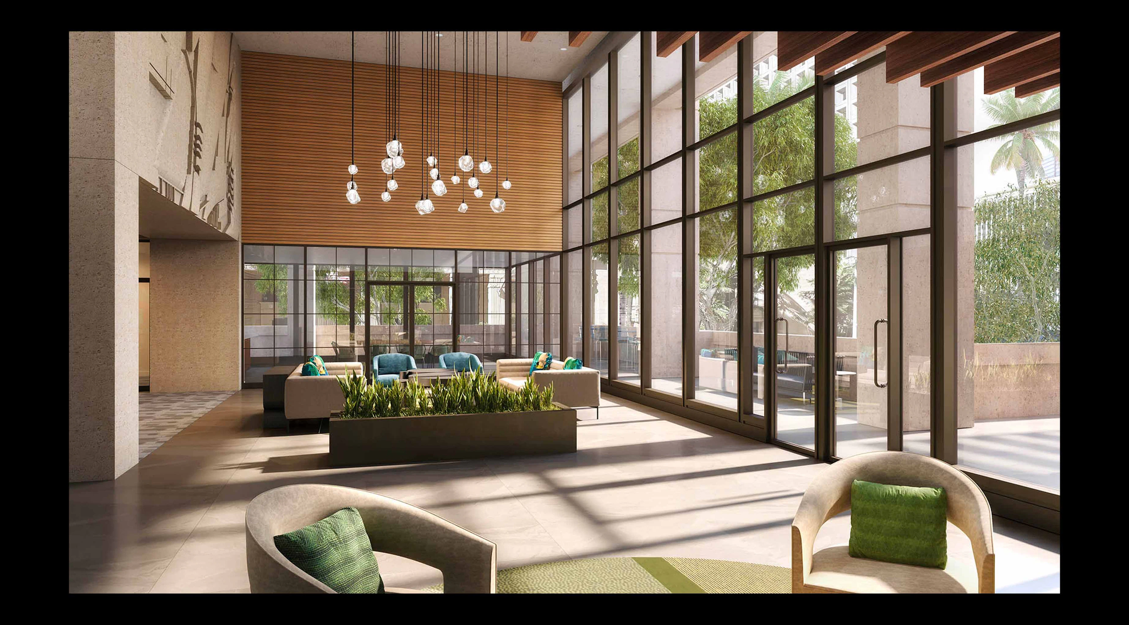 A rendering of Modea's lobby lounge, with a cascade of hand-blown glass pendants beneath a wood slat ceiling, teal lounge chairs, planters of tropical greenery, and floor-to-ceiling glass opening to a garden terrace.