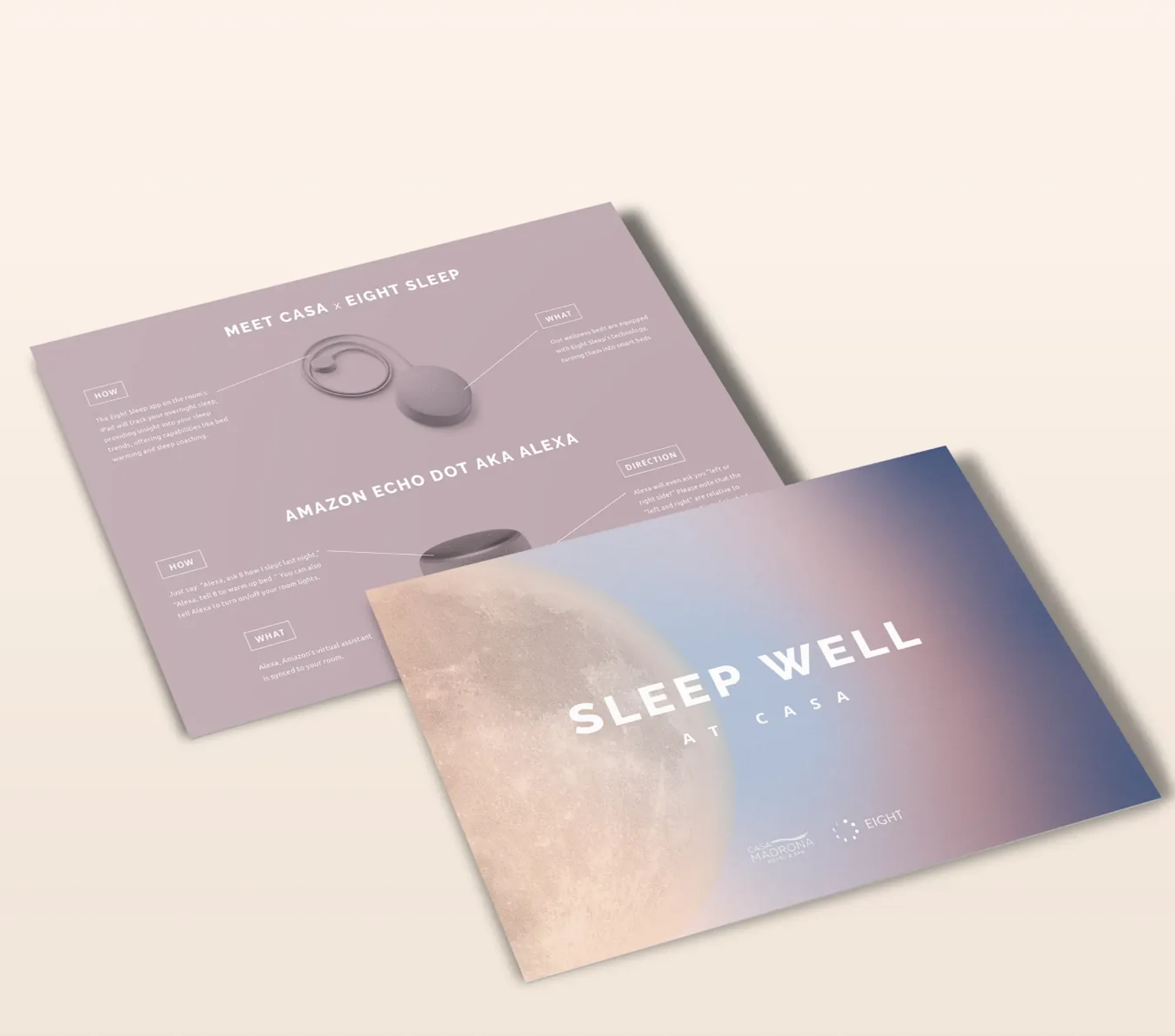 Sleep Well at Casa cards with moon and smart speaker graphics