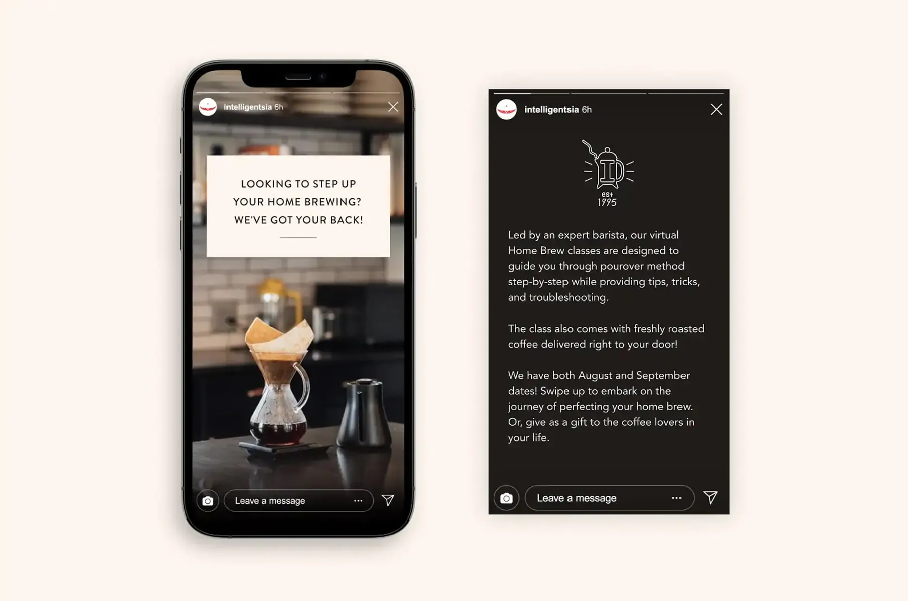 Phone mockup of a pour-over brewing story beside a dark Instagram post about virtual home brew classes
