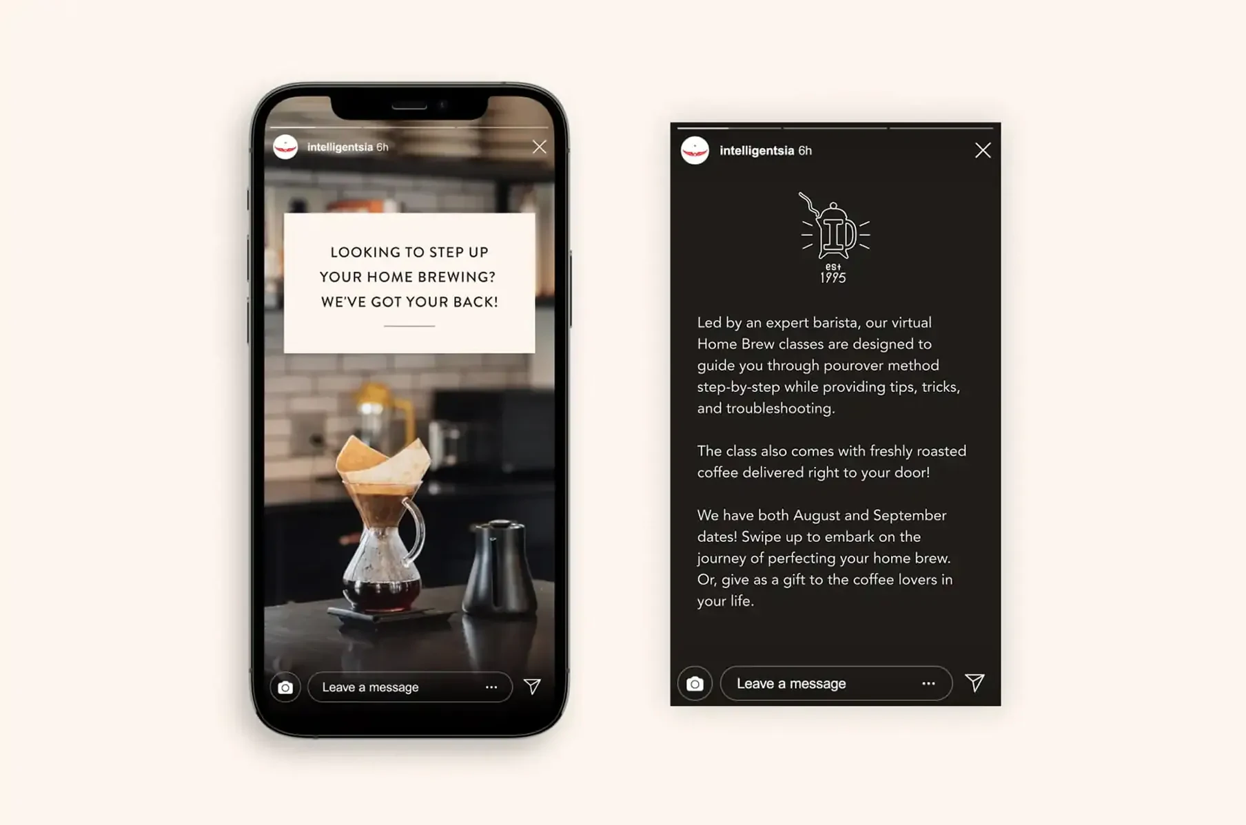 Phone mockup of a pour-over brewing story beside a dark Instagram post about virtual home brew classes