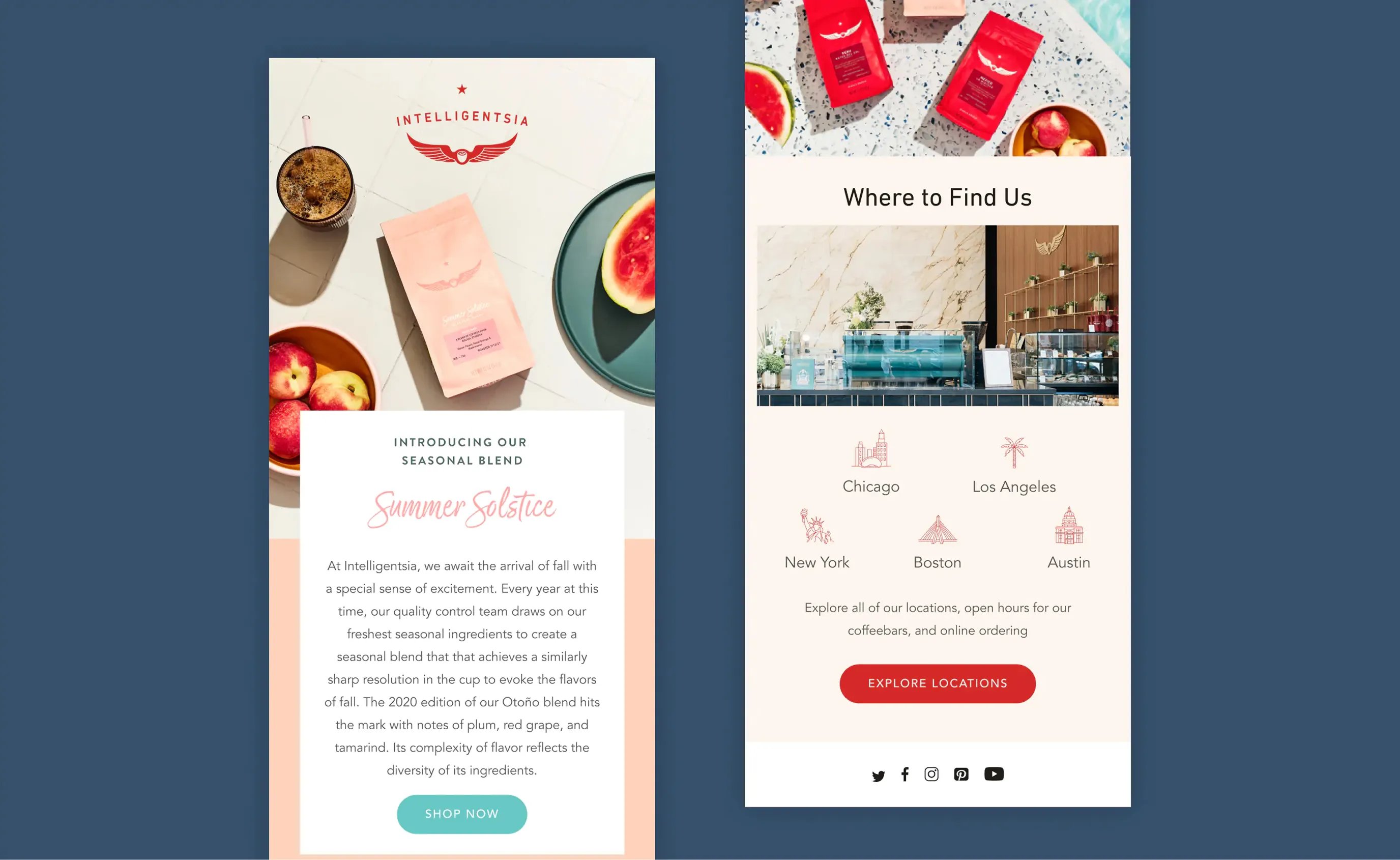 Two Intelligentsia email mockups featuring the Summer Solstice blend with fruit and coffee bag