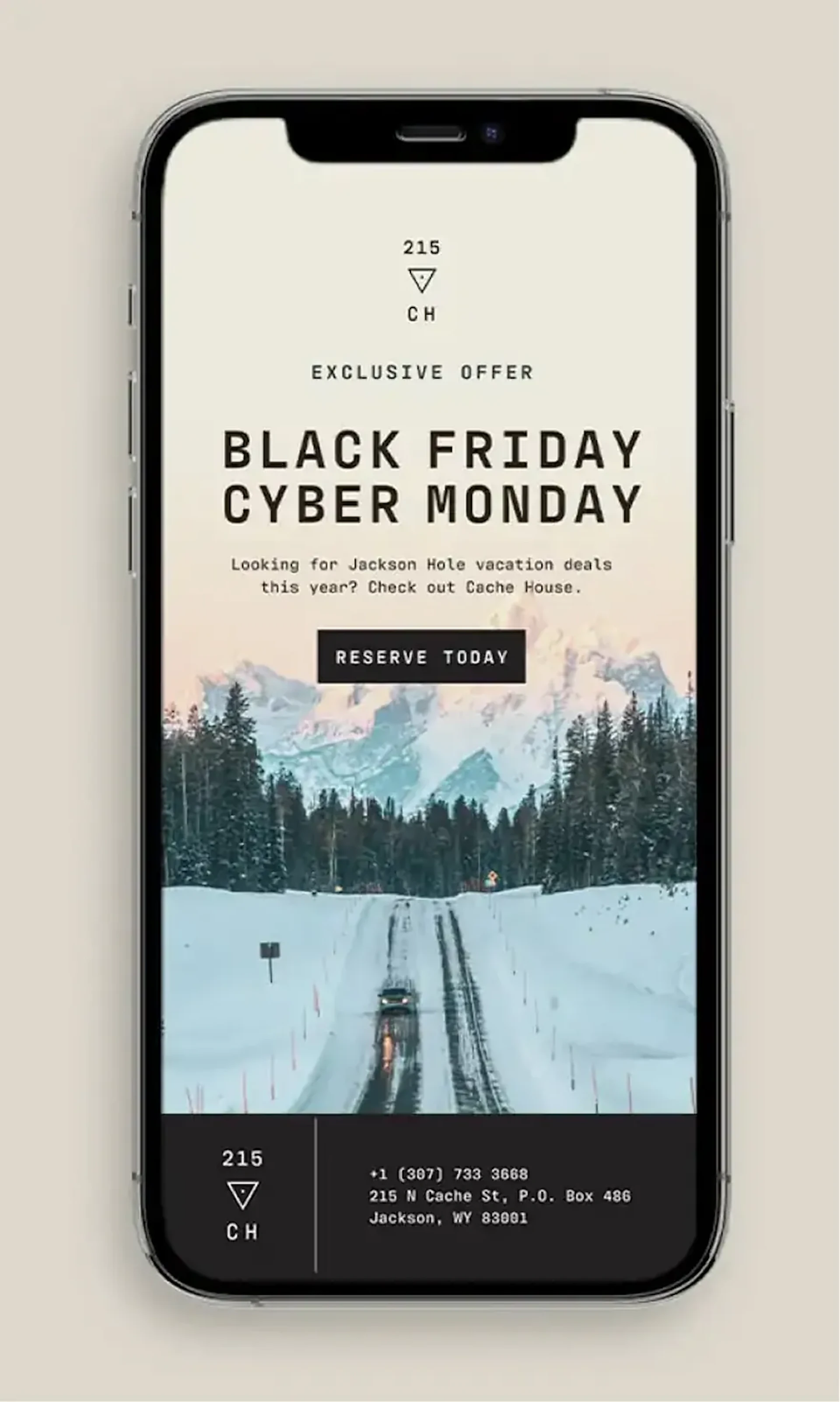 Phone mockup of Cache House Black Friday Cyber Monday offer over snowy road