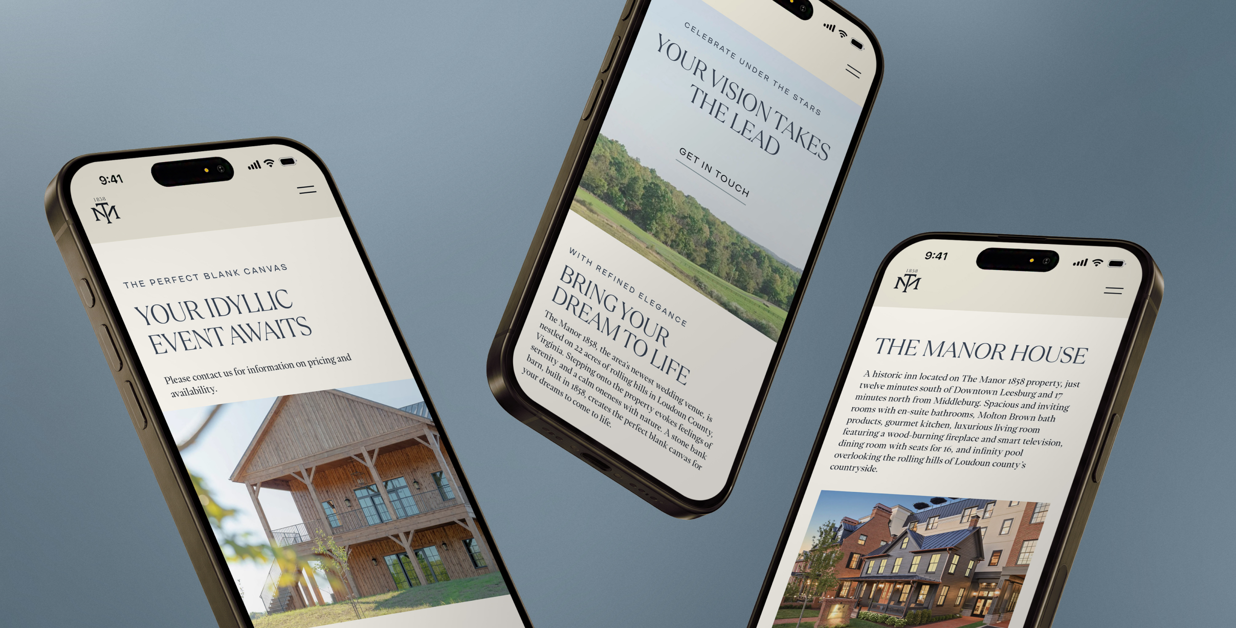 Three mobile phones floating in the air behind a blue background depicting different screens of the Manor website in various booking stages
