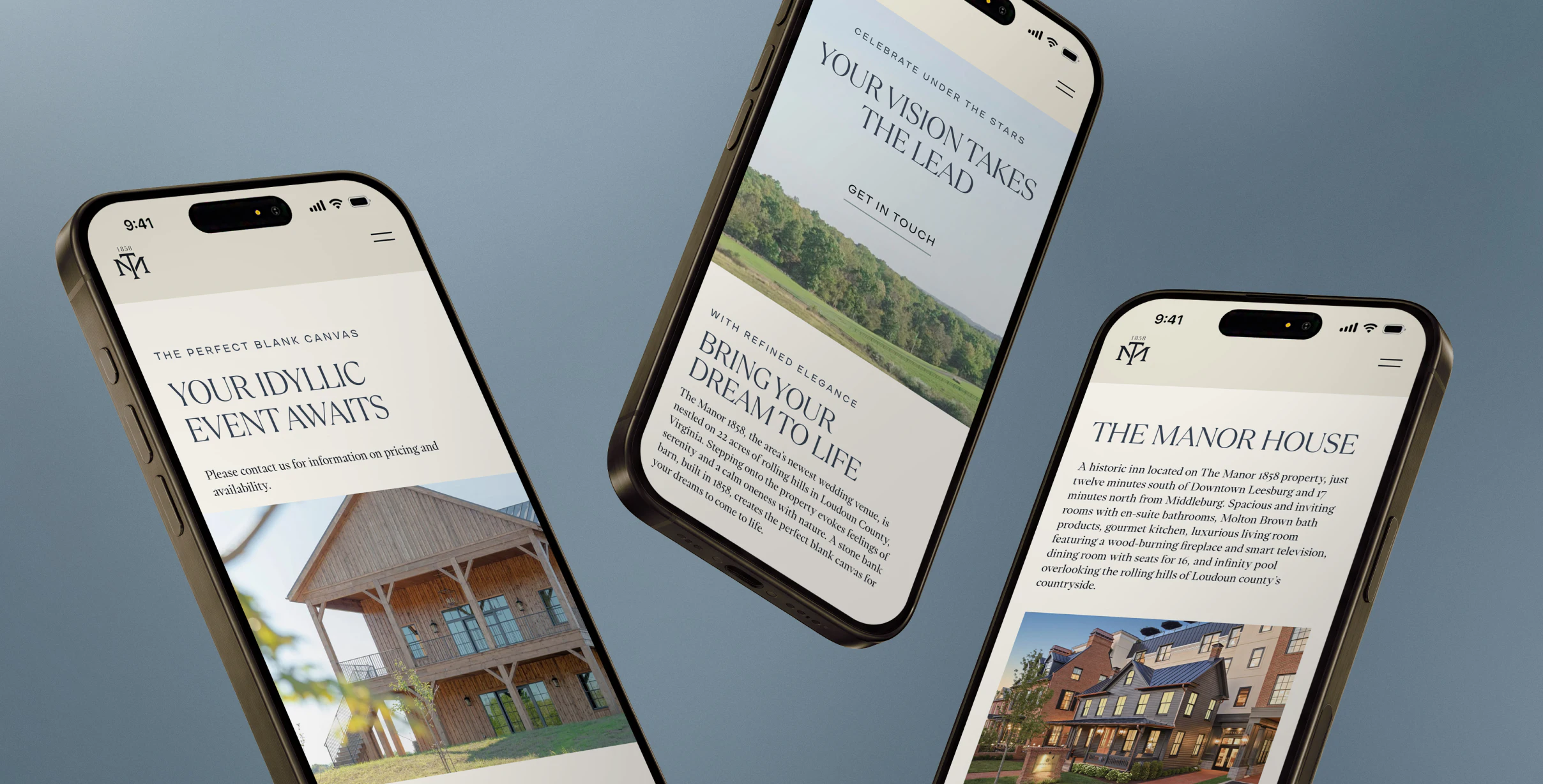 Three mobile phones floating in the air behind a blue background depicting different screens of the Manor website in various booking stages