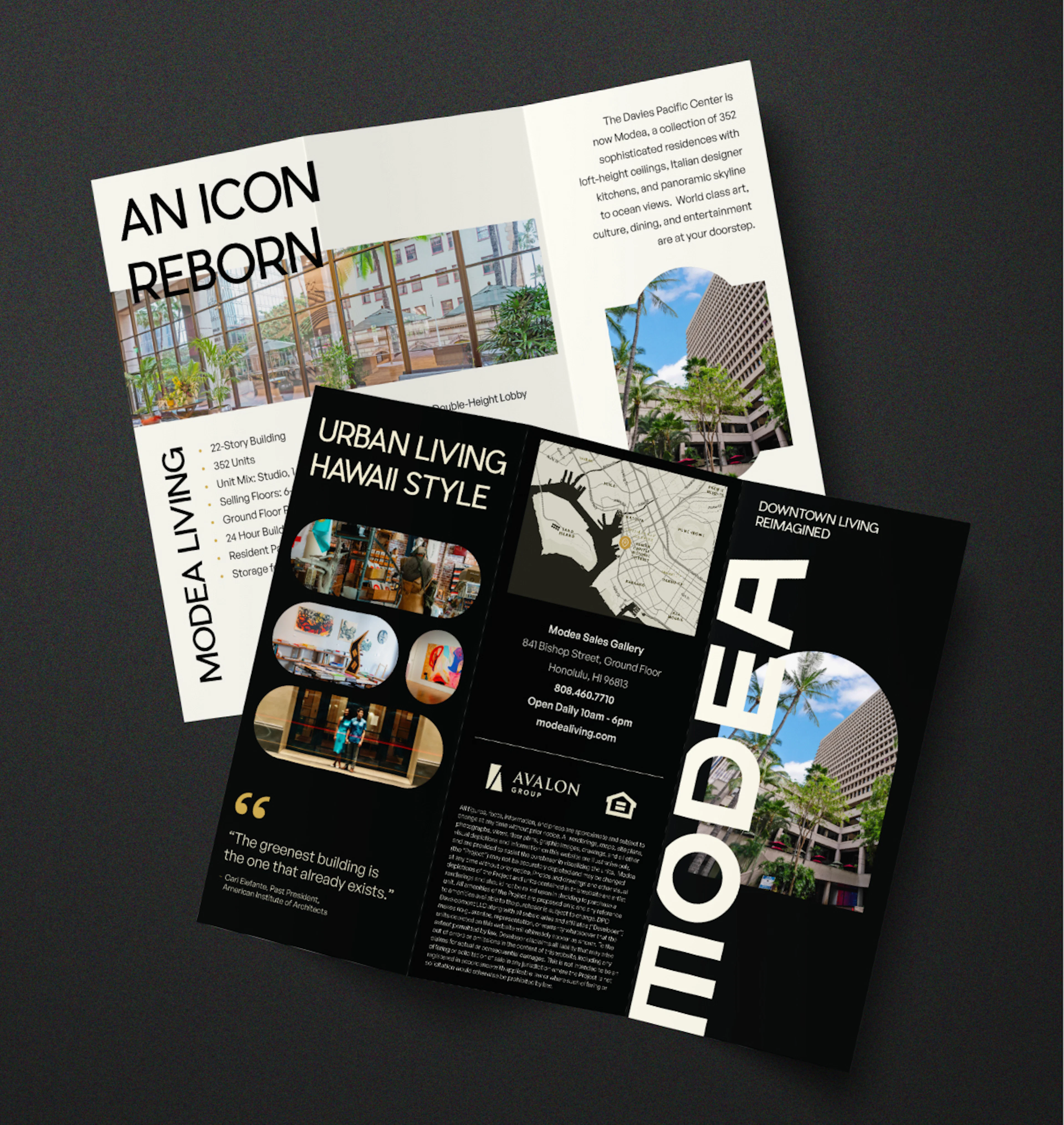 A trifold brochure on top of a dark background depicting Modea's story: a 22-story icon reborn into 352 residences, where downtown Honolulu meets ocean, city, and mountain views.