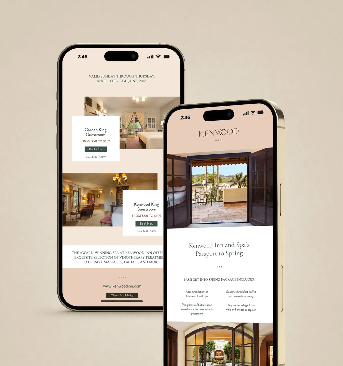 Kenwood Inn and Spa website mockup on two phones