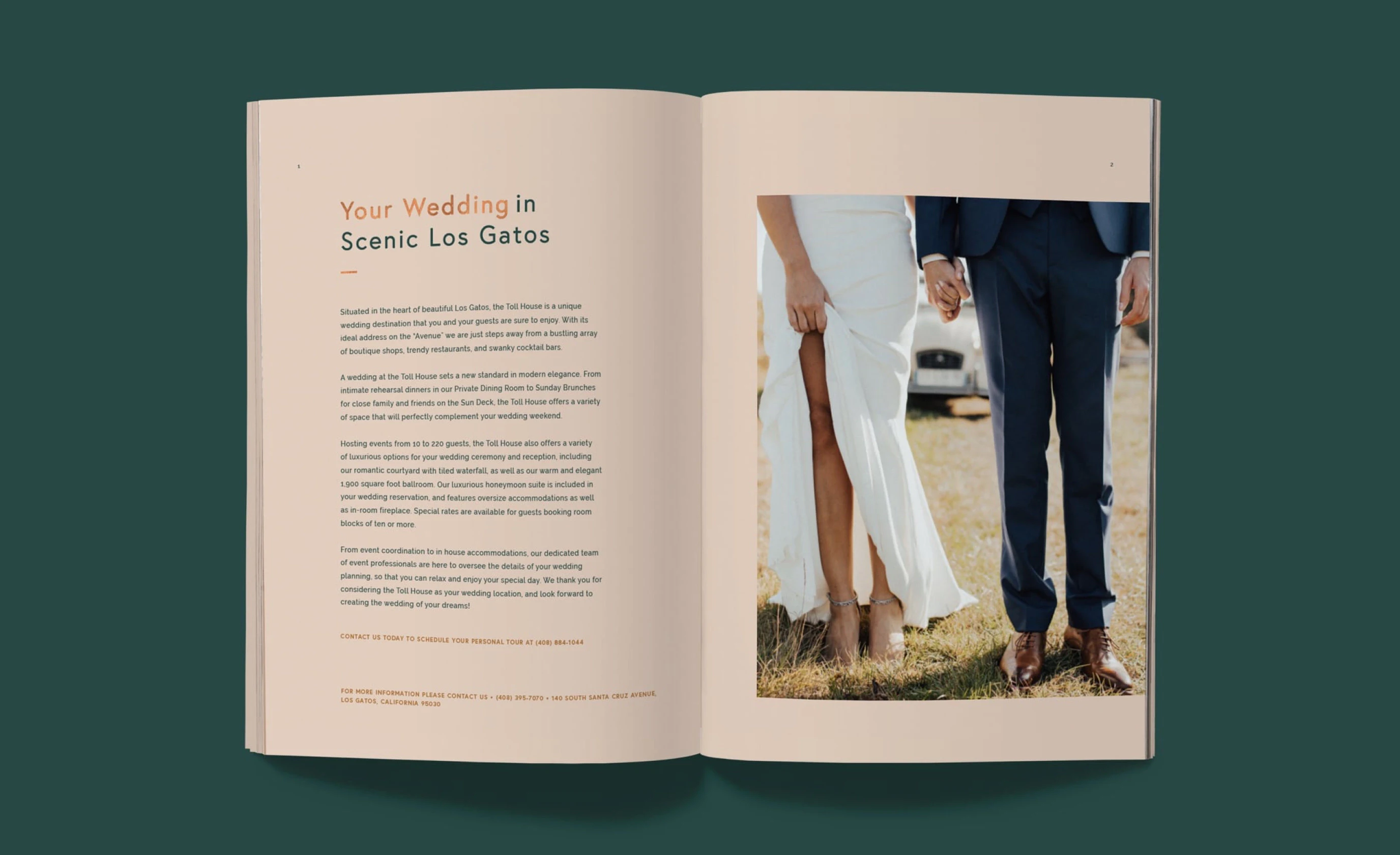 Open booklet spread with wedding text beside couple's legs on grass