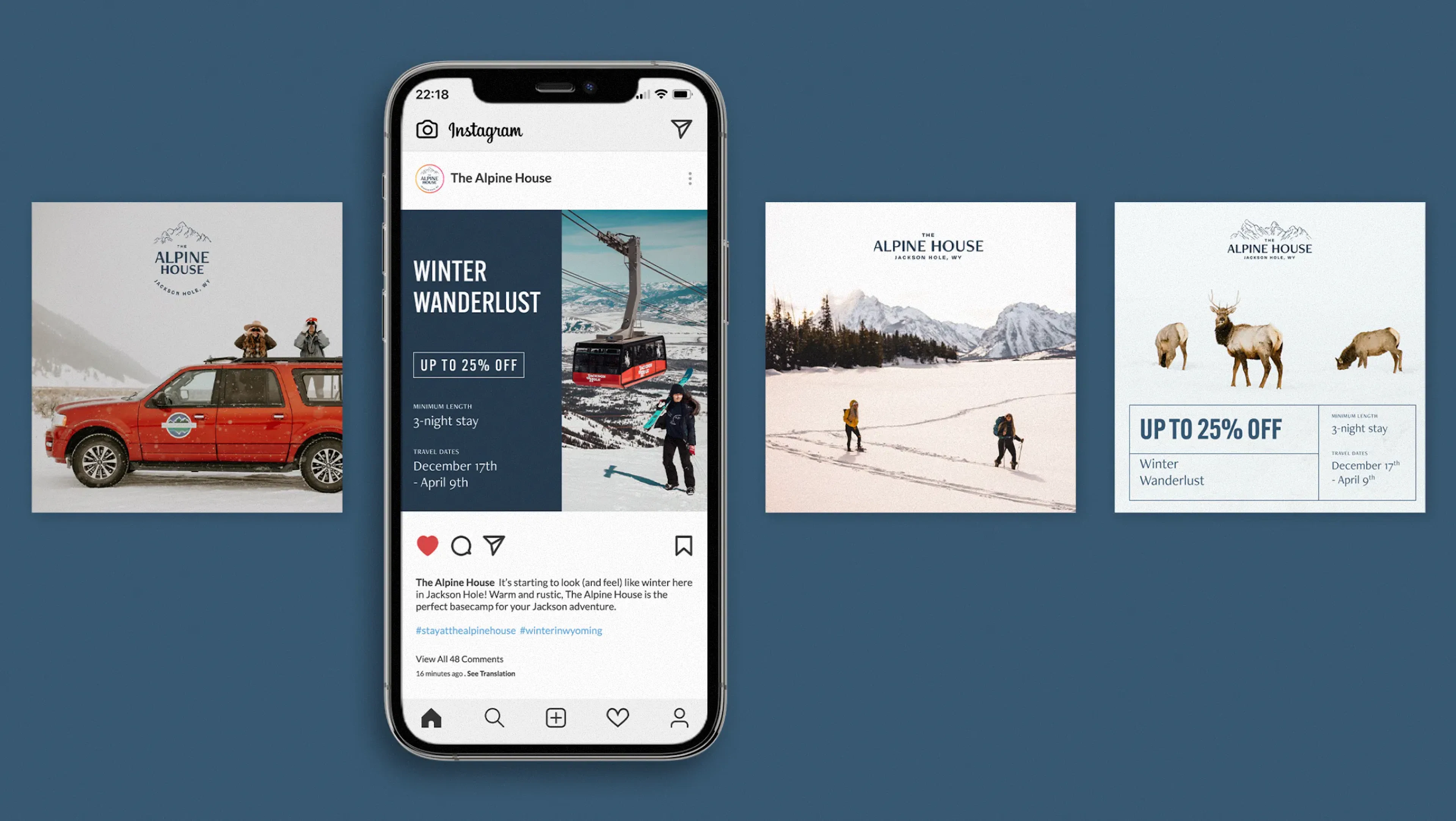 Phone mockup of Alpine House Instagram post beside three square social posts