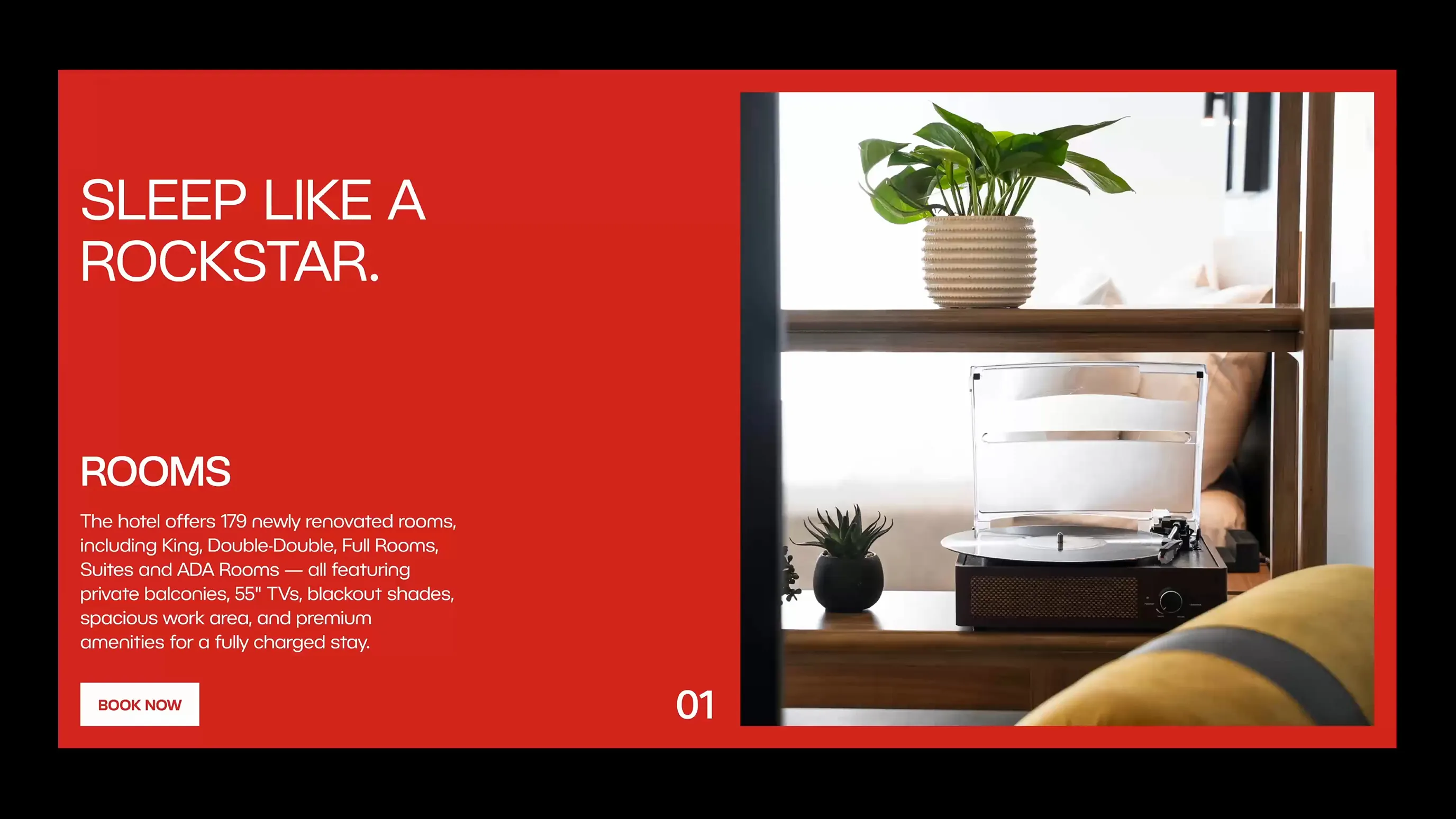 Red website slide with hotel room photo