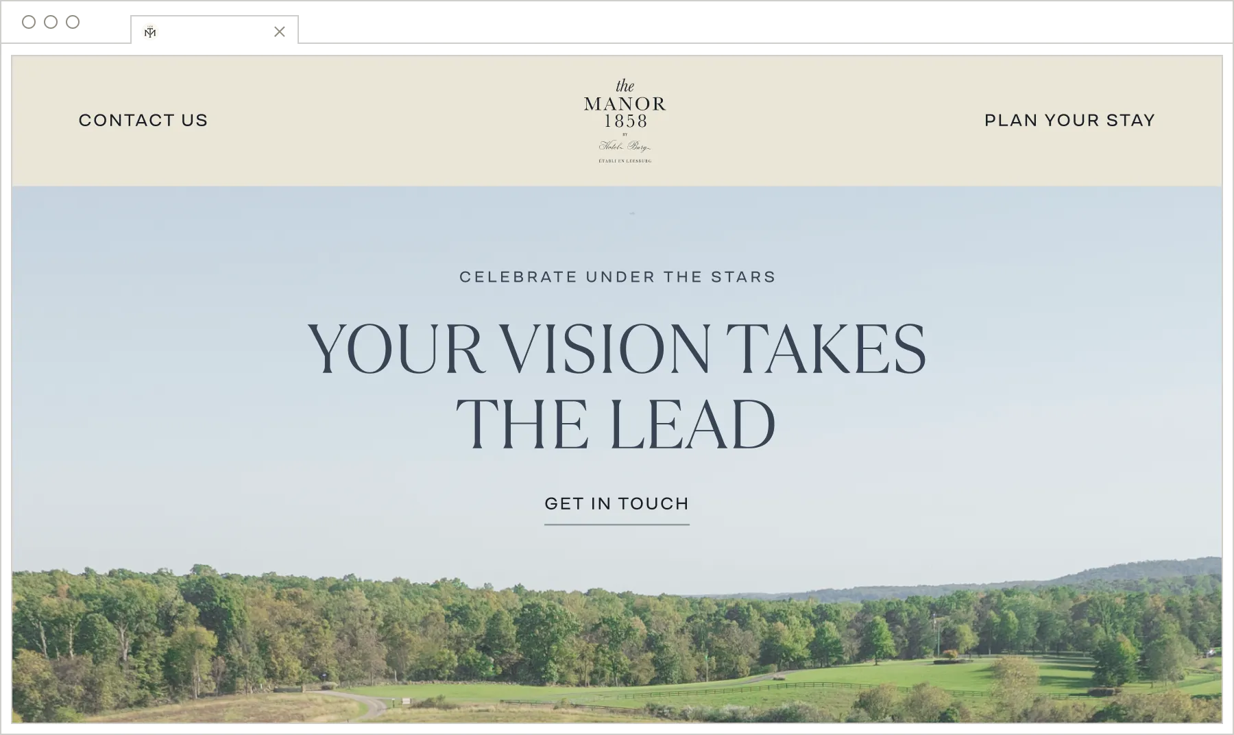 The Manor 1858 website homepage mockup with landscape hero image