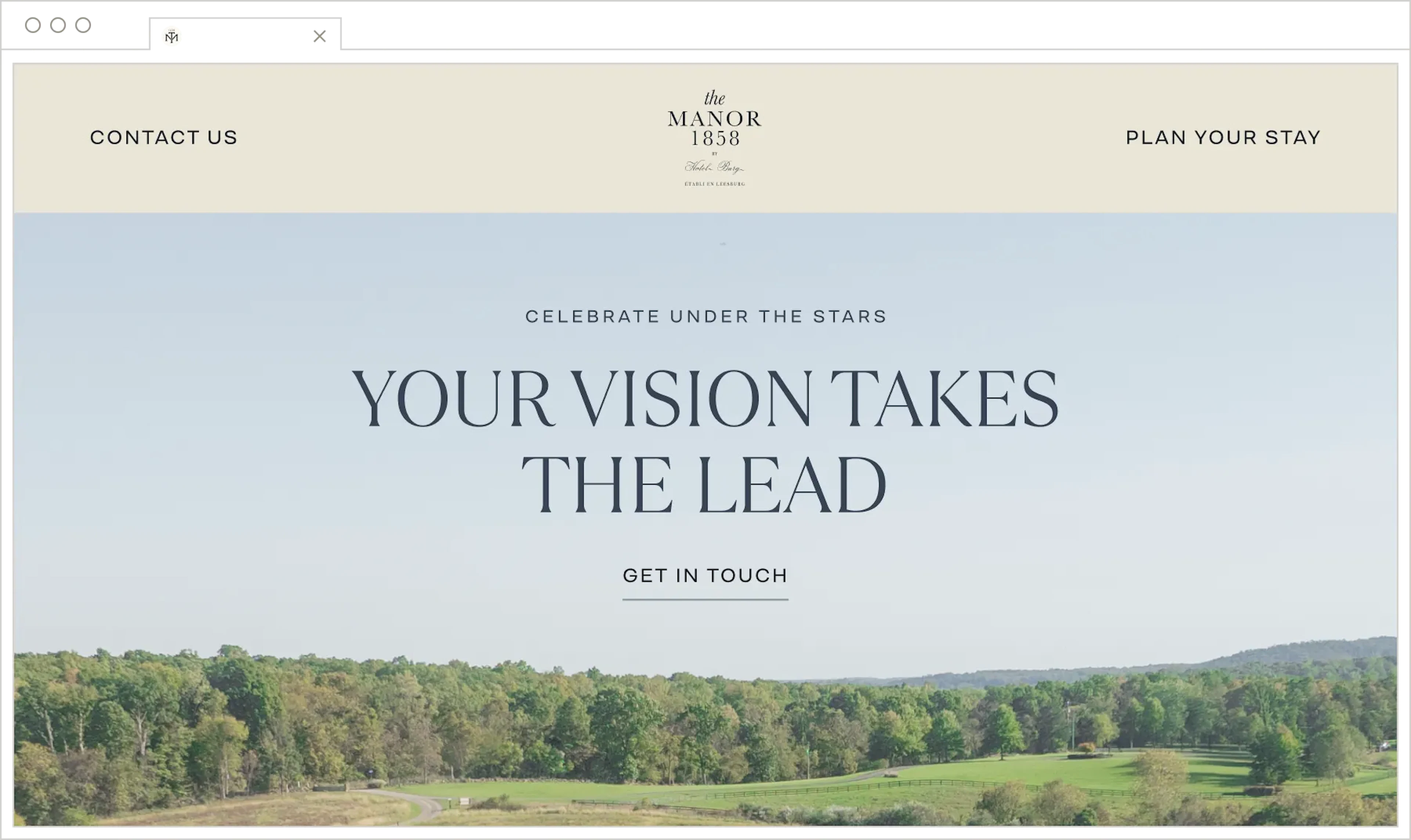 The Manor 1858 website homepage mockup with landscape hero image