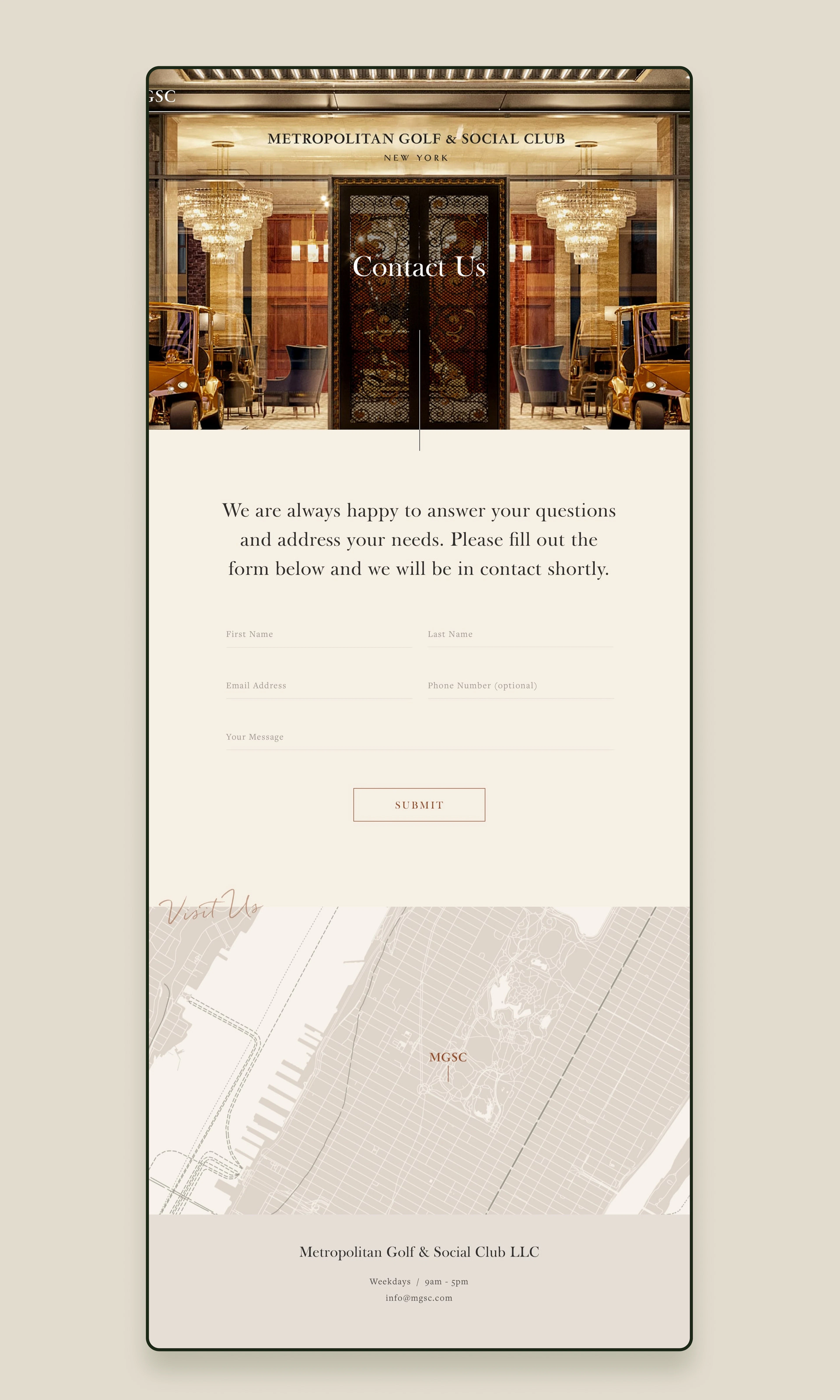 MGSC website contact page mockup with entrance photo and map