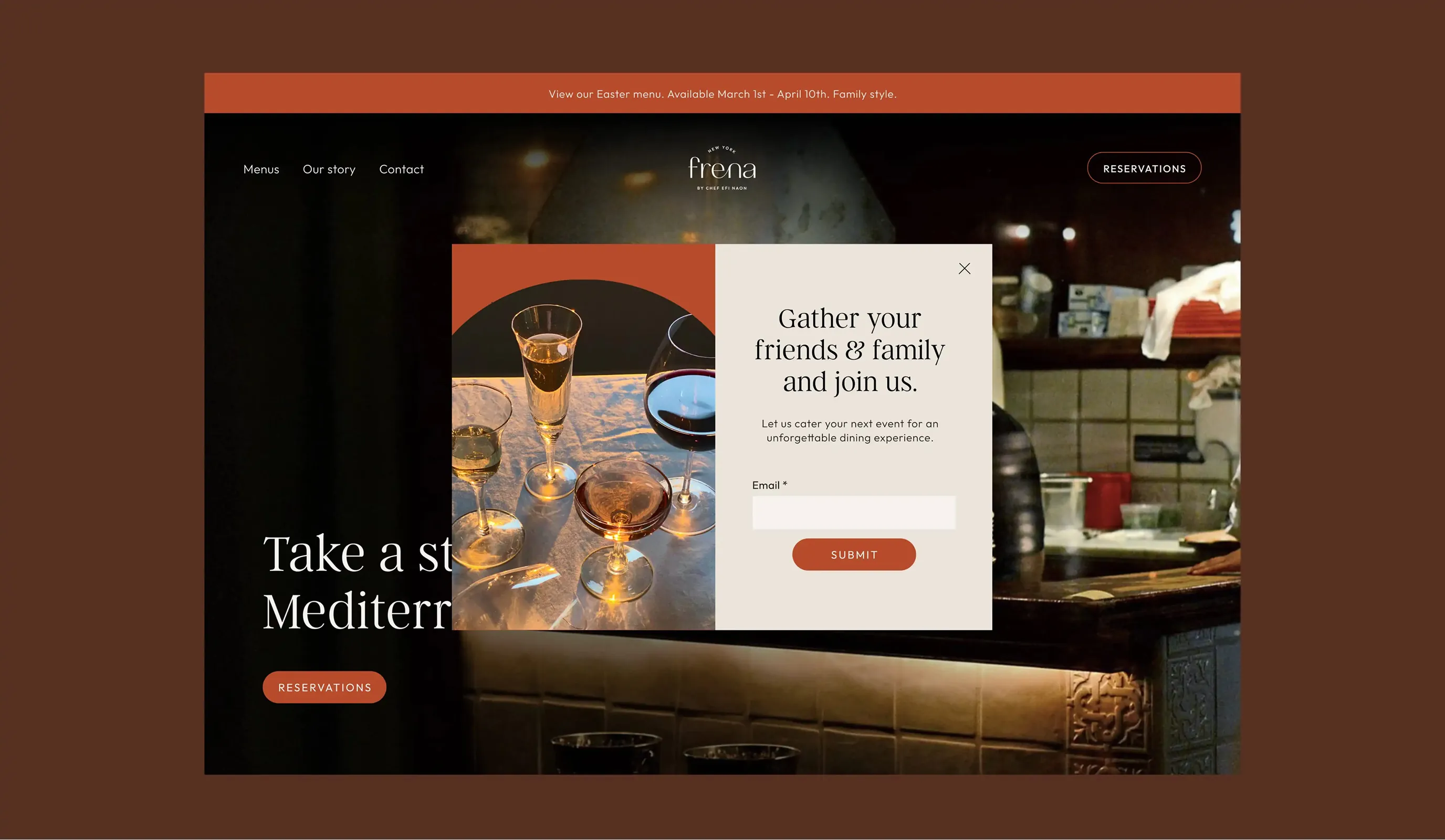Frena website mockup with a newsletter signup popup over a bar photo