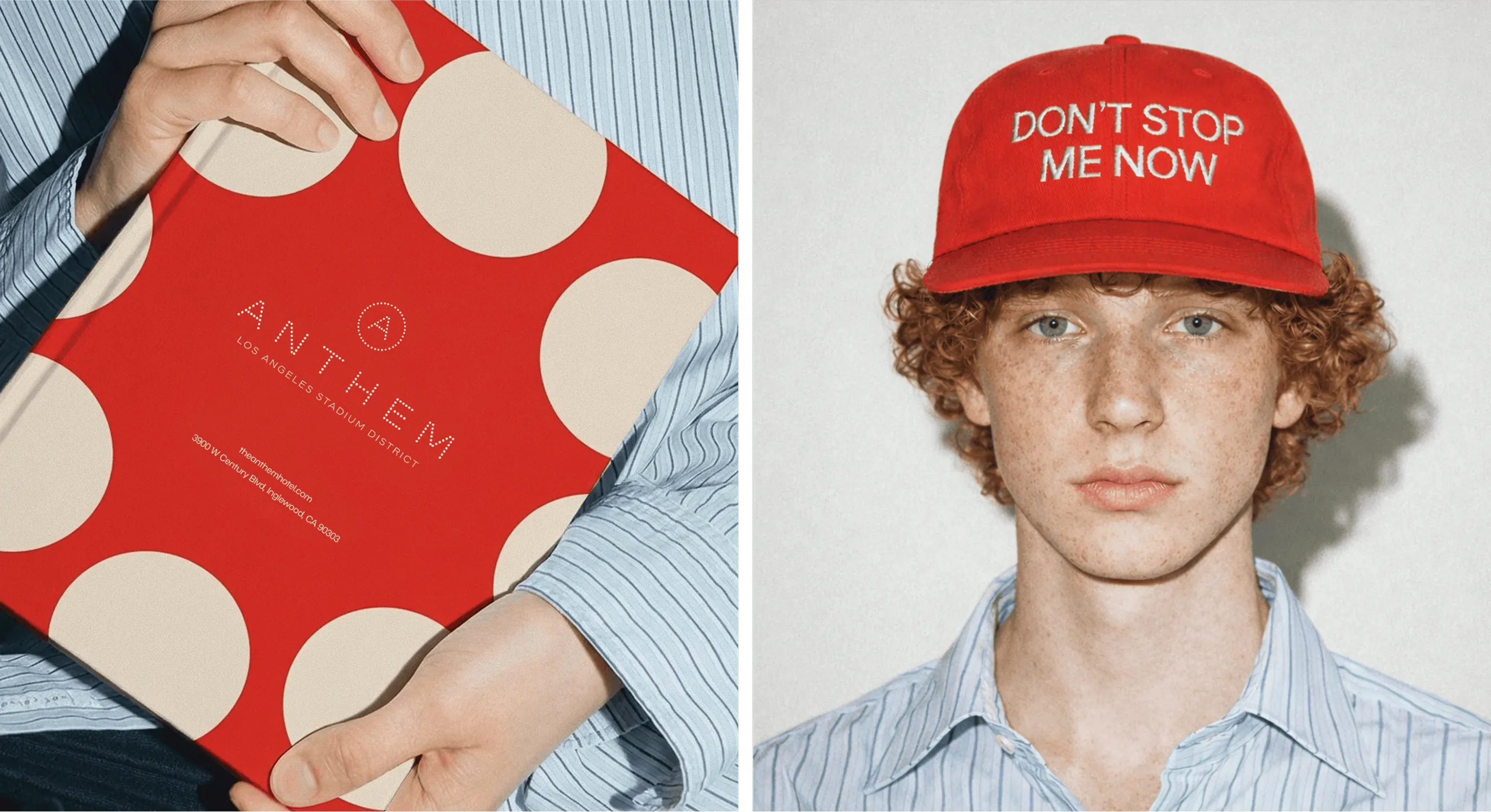 Person holding red polka dot book beside man in red cap