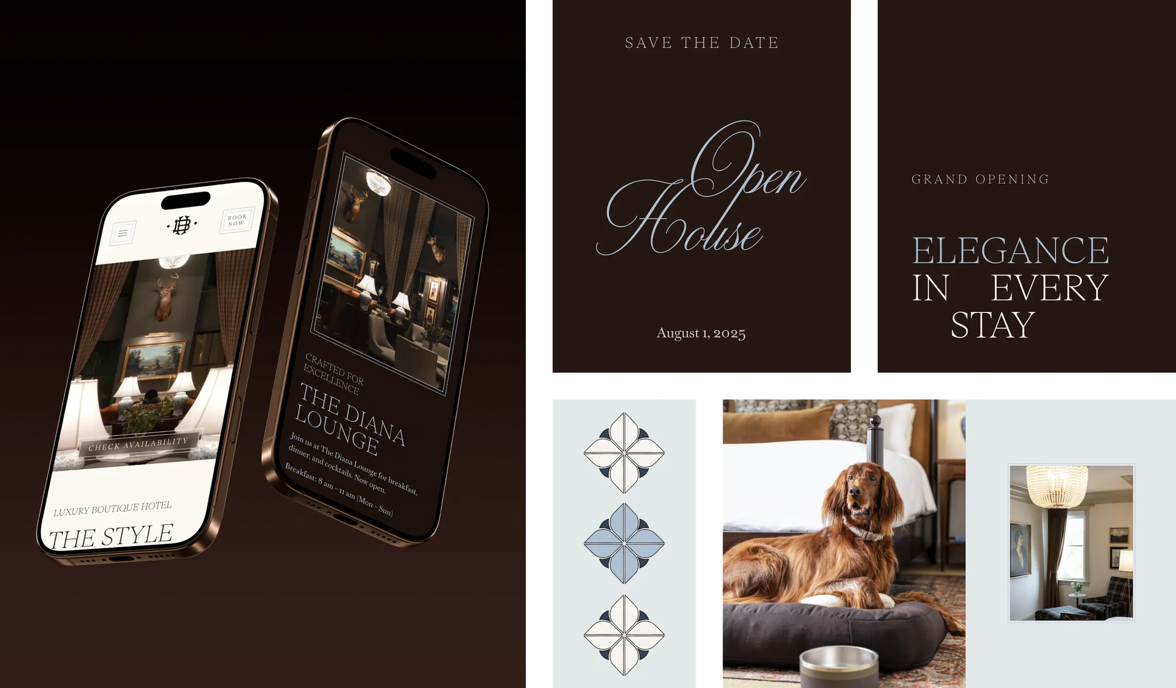 Hotel Burg website mockups on phones and Instagram post grid