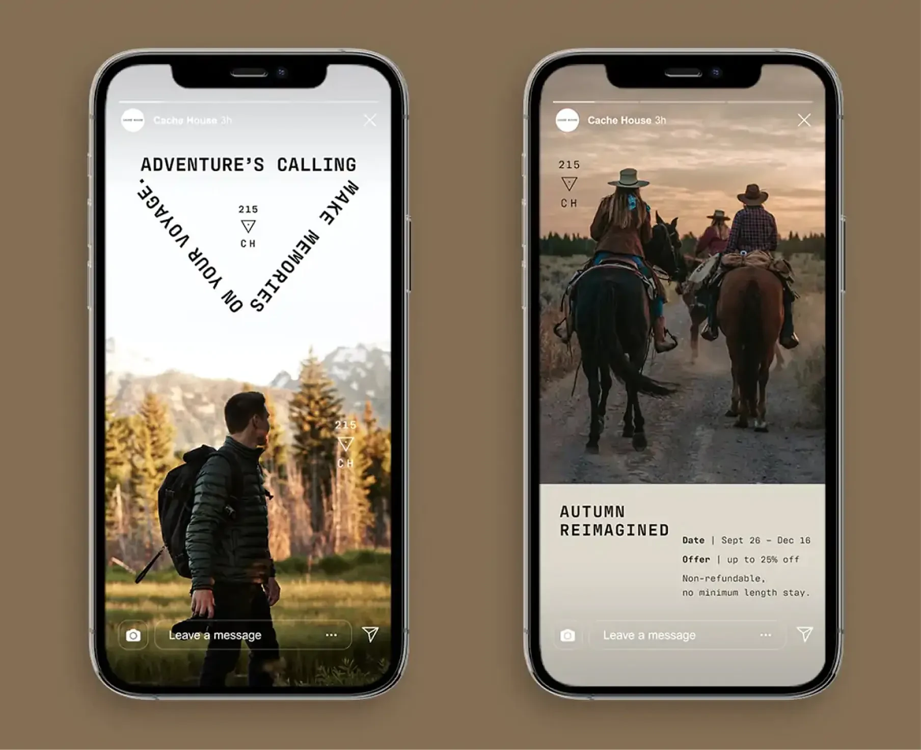 Two phone mockups, hiker in a field and horseback riders at sunset