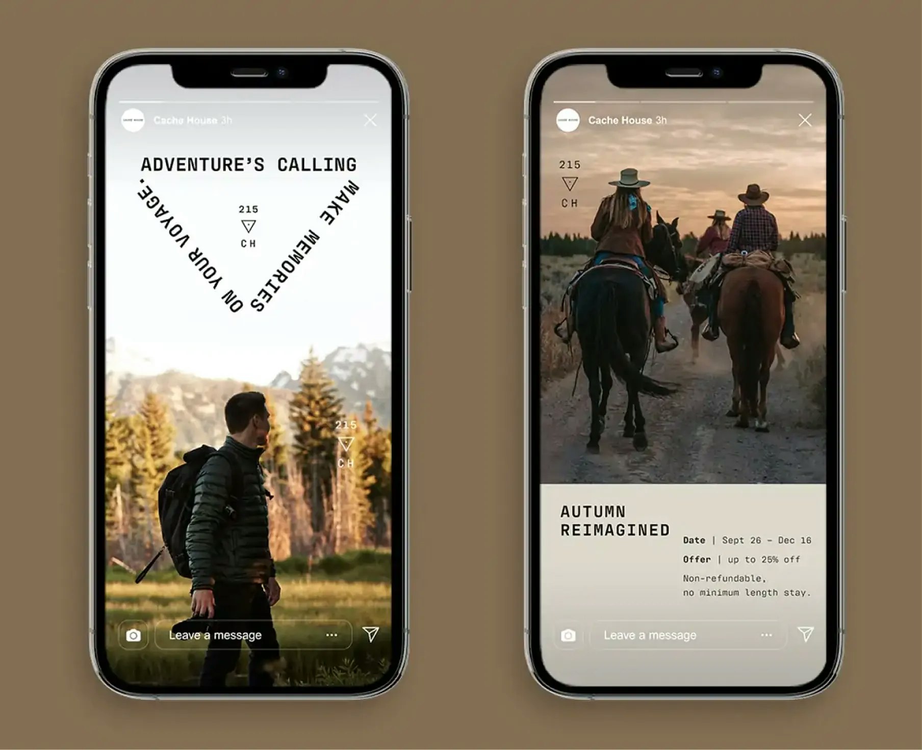 Two phone mockups, hiker in a field and horseback riders at sunset