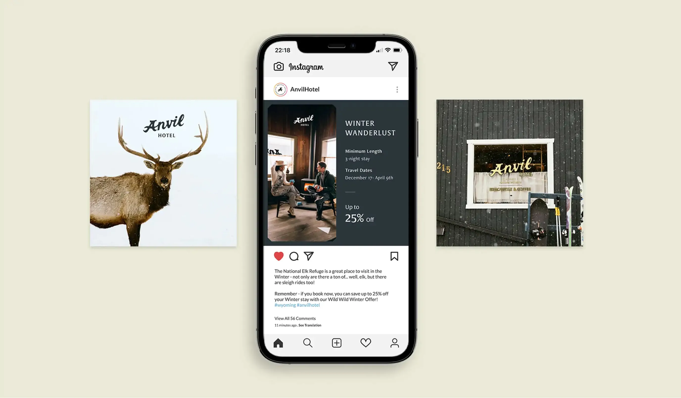 Anvil Hotel Instagram post mockups with logo card, phone, and storefront photo