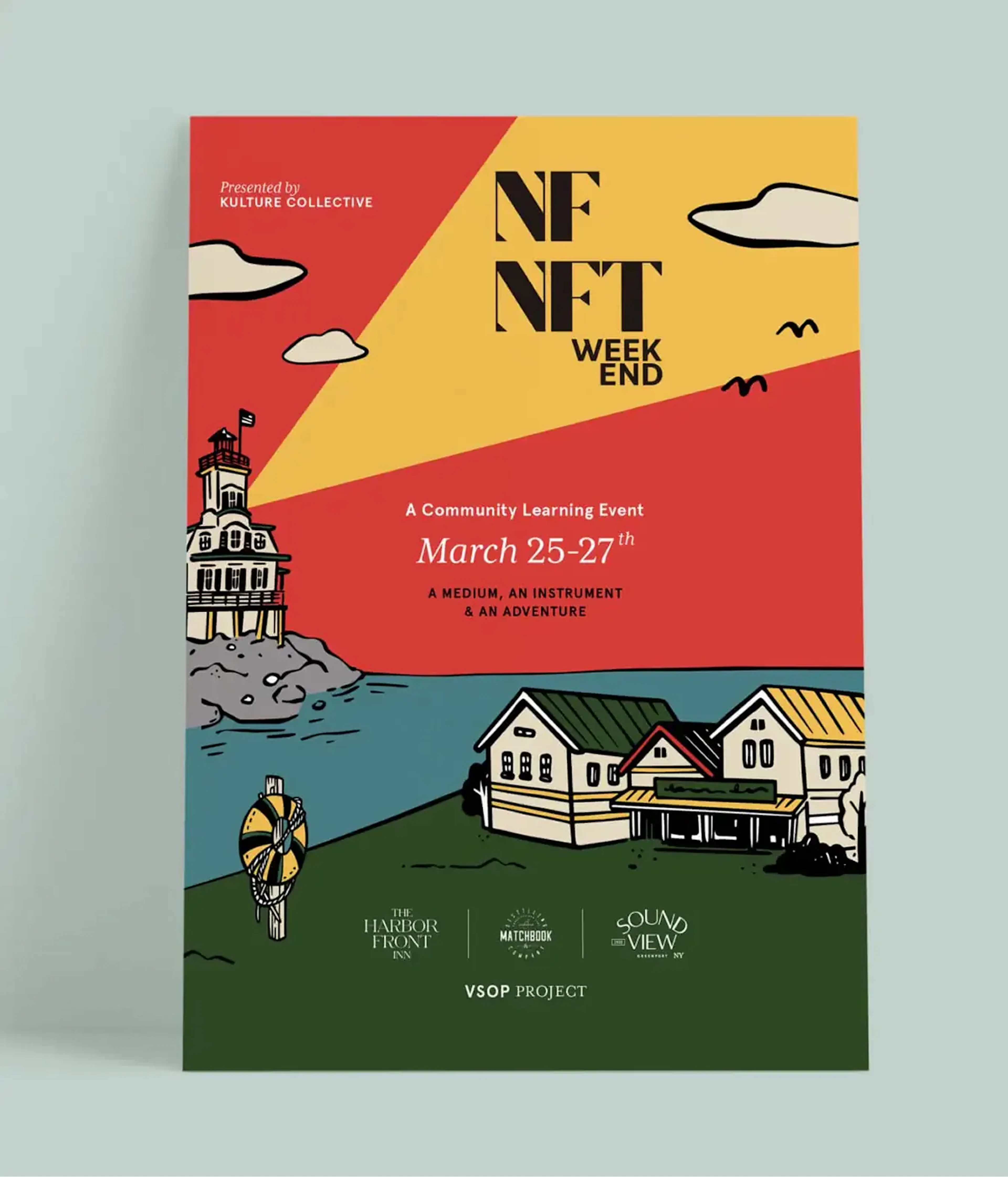 NF NFT Weekend poster with illustrated lighthouse and harbor scene