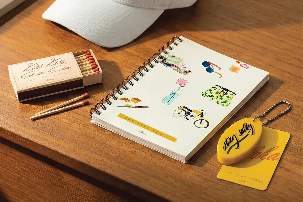 White cap, matchbox and notebook on a wooden desk