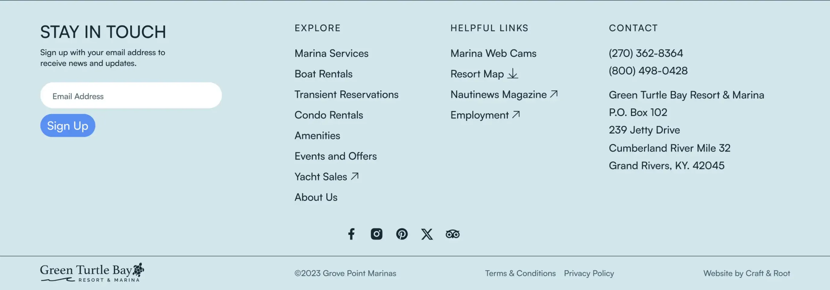 Green Turtle Bay Resort and Marina footer section mockup