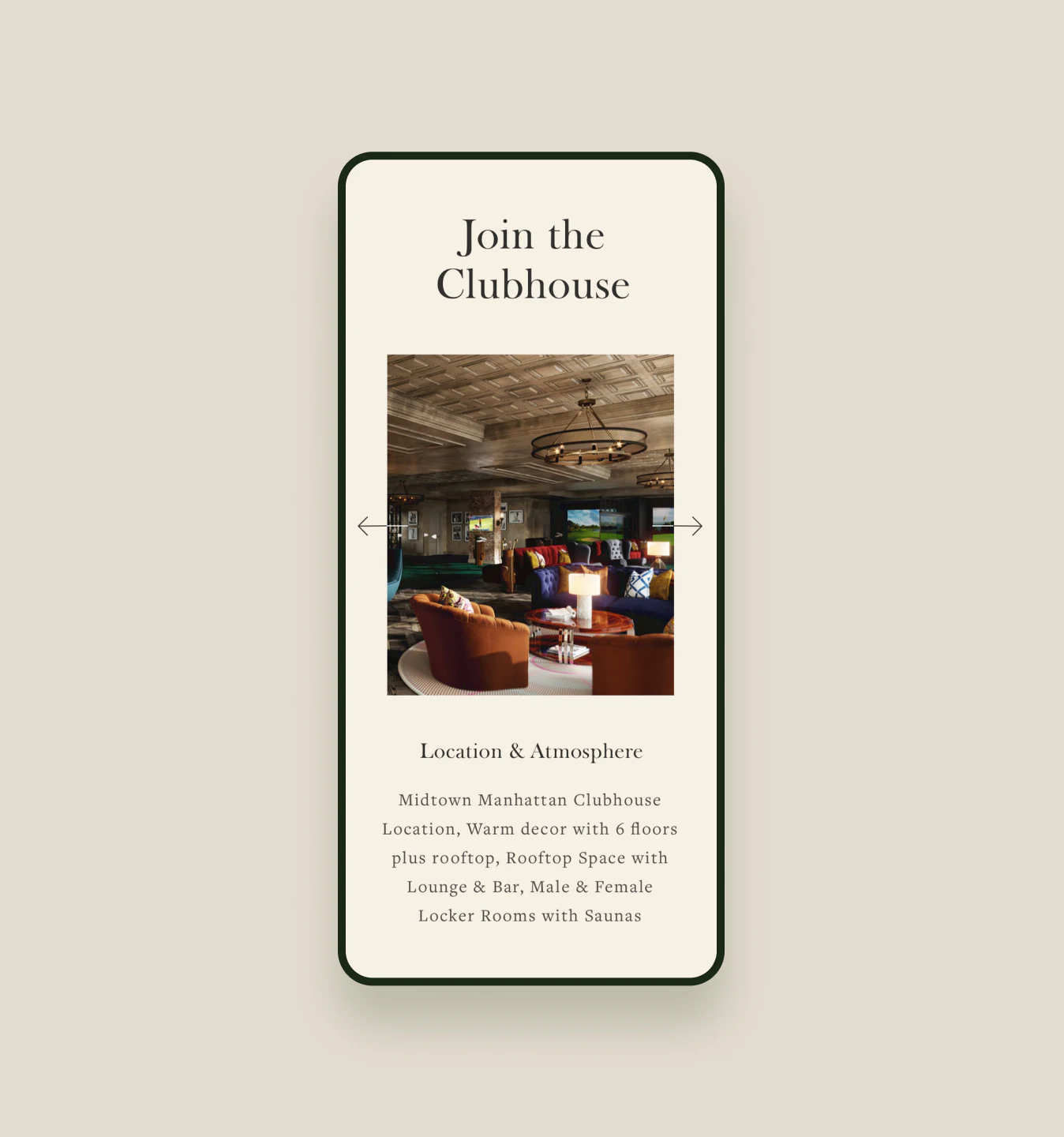 Phone mockup showing MGSC clubhouse page with lounge photo