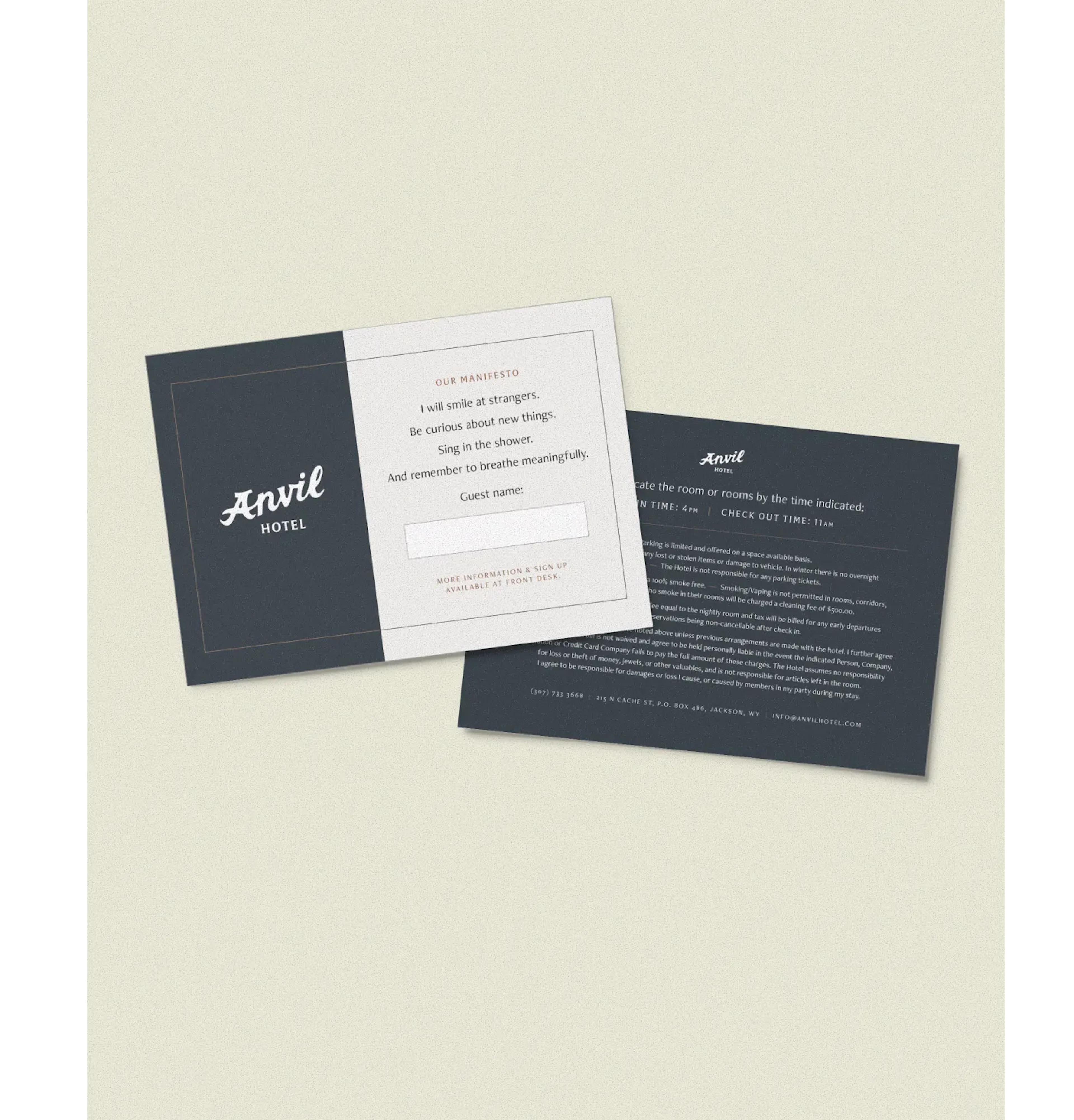 Anvil Hotel manifesto and guest information cards