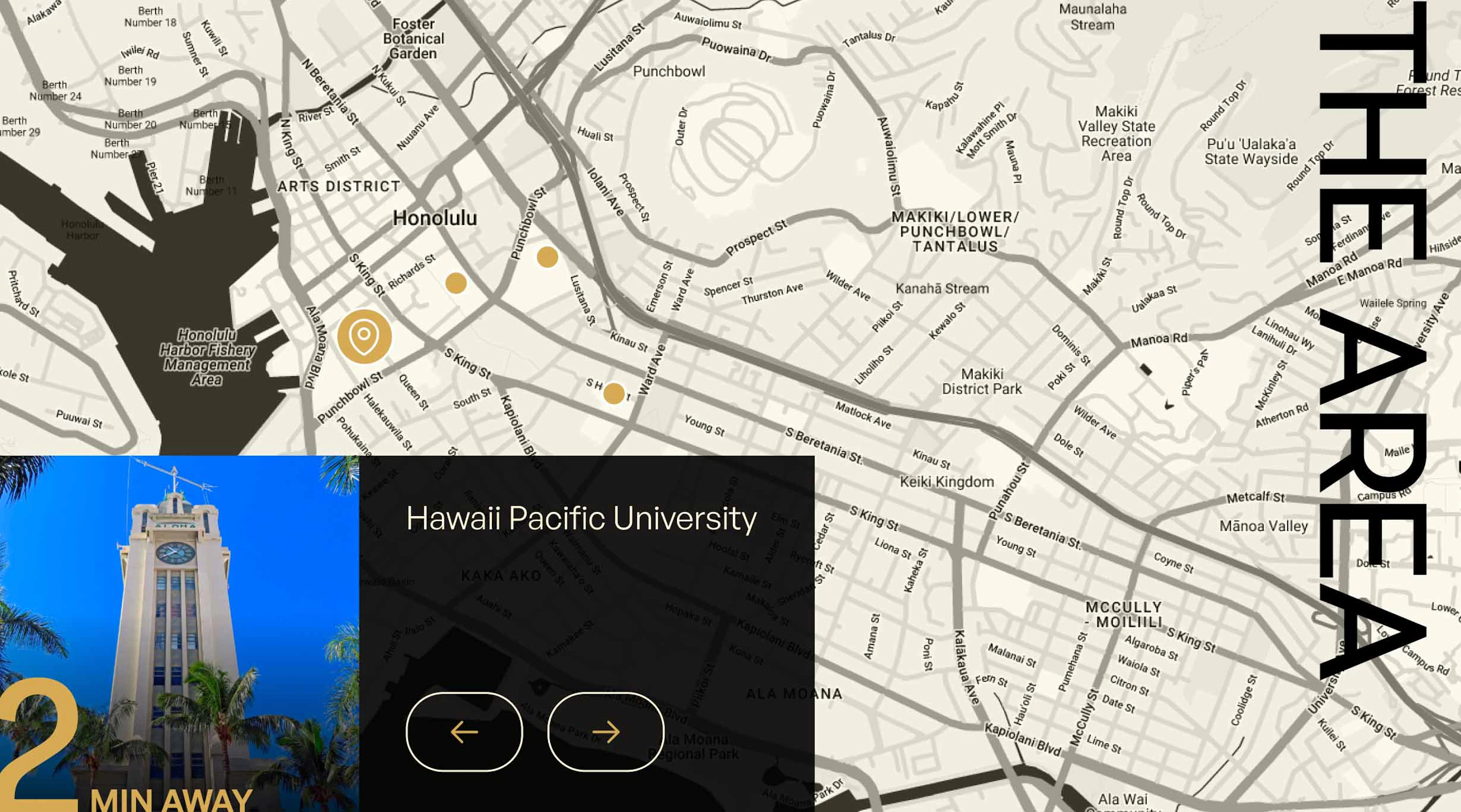A Modea The Area section overlaying a cream map of Downtown Honolulu with gold location pins, numbered carousel arrows, and an Aloha Tower photo captioned Hawaii Pacific University, 2 min away.
