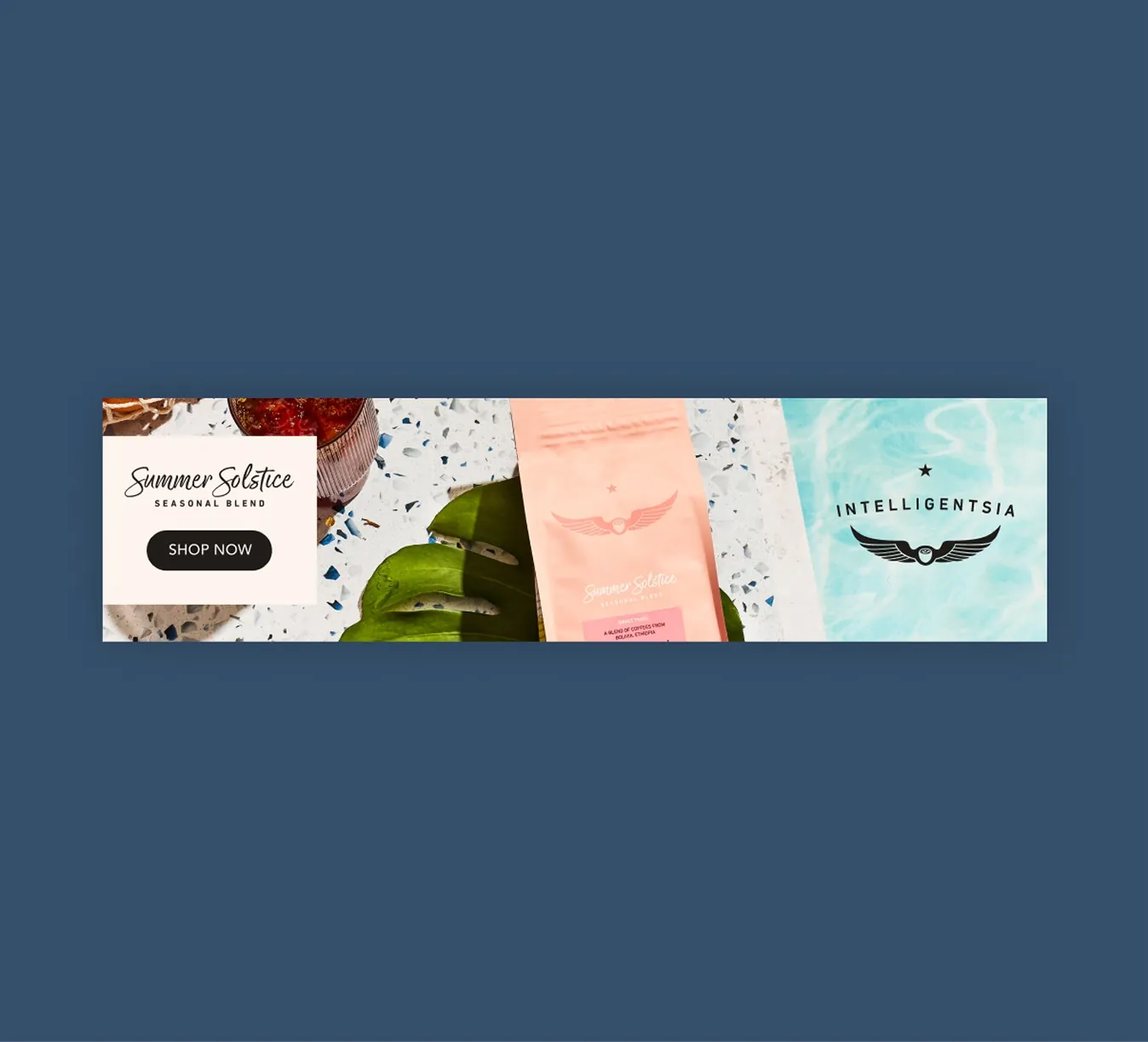Wide banner ad with Summer Solstice coffee bag, fruit, and Intelligentsia wordmark on a blue background
