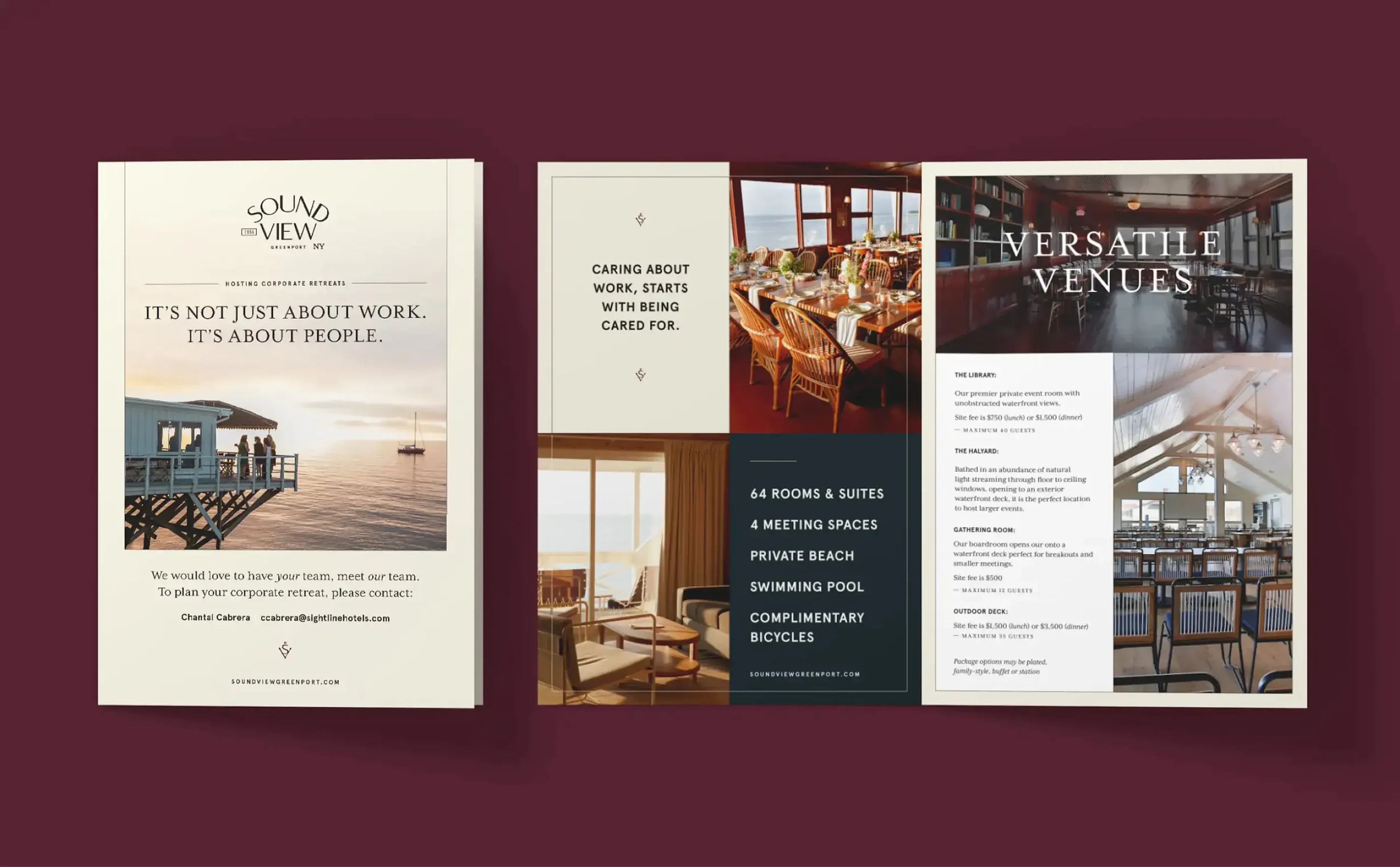 Sound View tri-fold brochure open showing dining room and venue photos