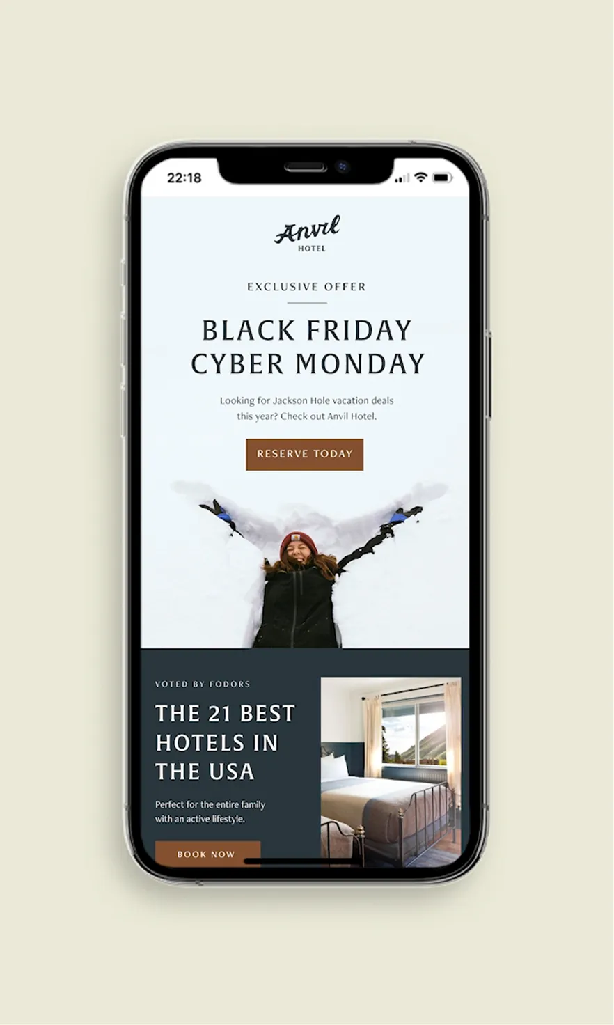 Anvil Hotel Black Friday Cyber Monday email mockup on a phone