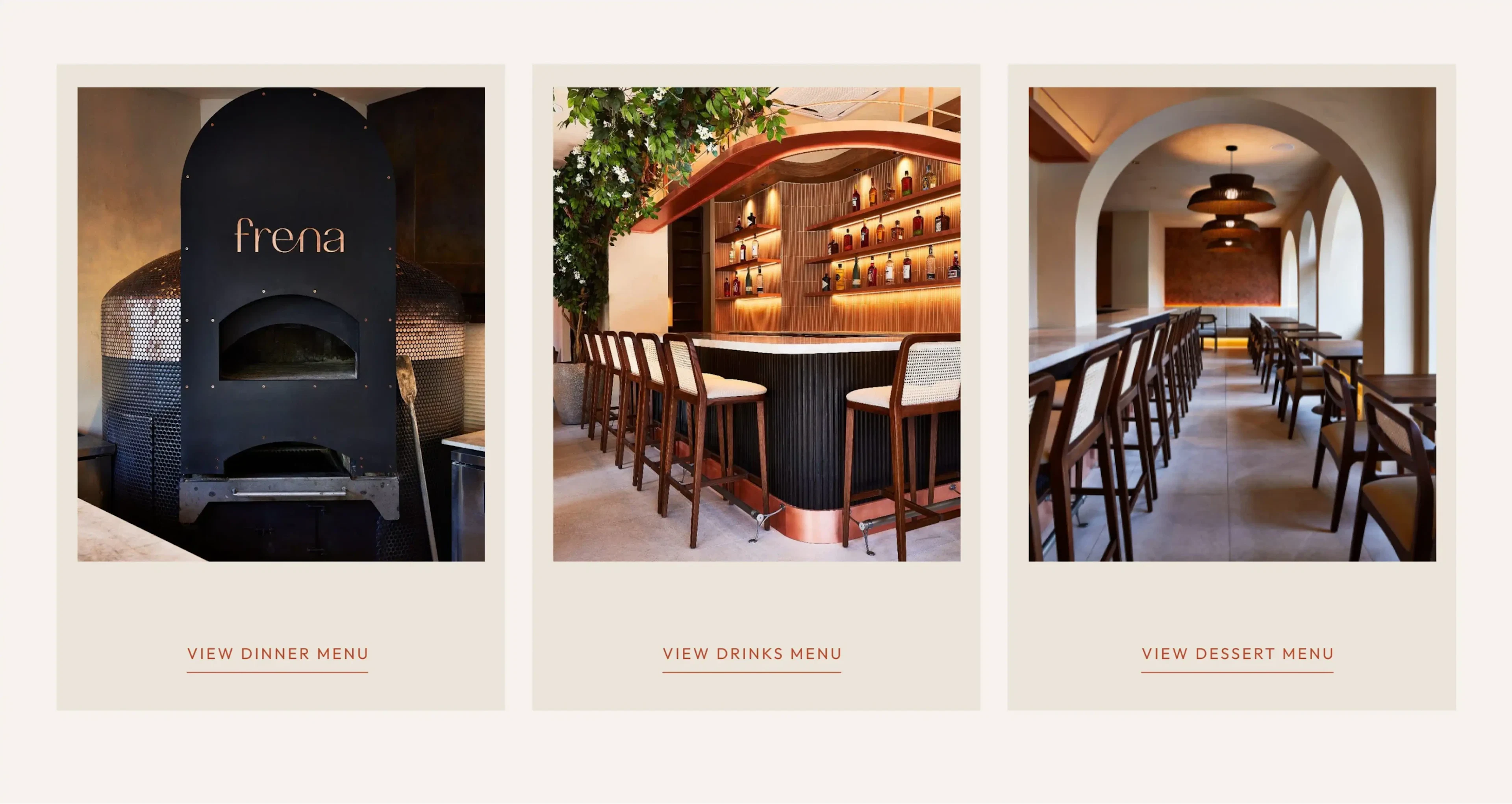 Three column section displaying images that represent the three menus: dinner, drinks, and dessert.