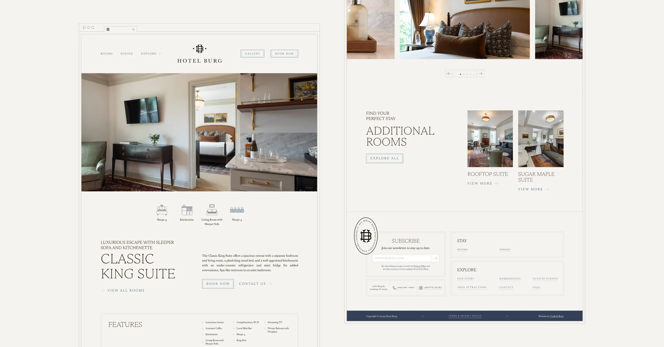 Hotel Burg website room detail and additional rooms pages mockup