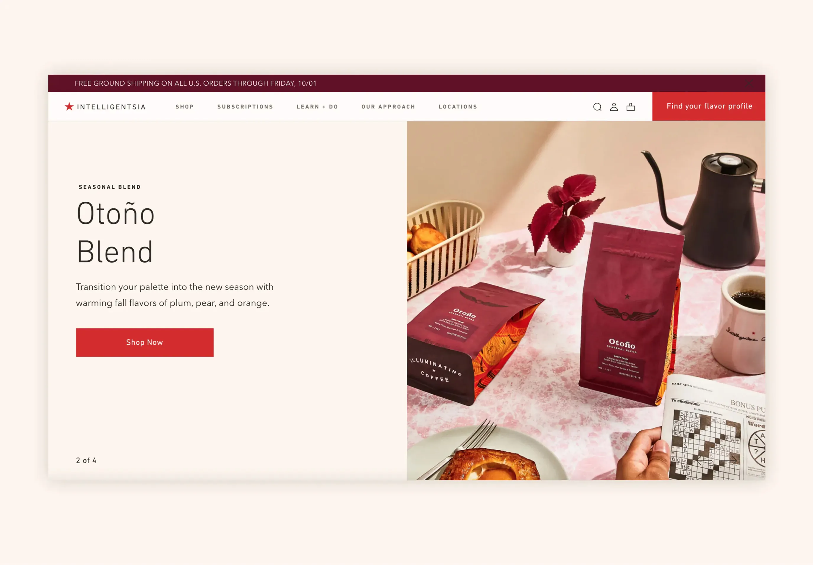 Intelligentsia website product page for Otoño Blend coffee with bag, kettle, and pastries on a table