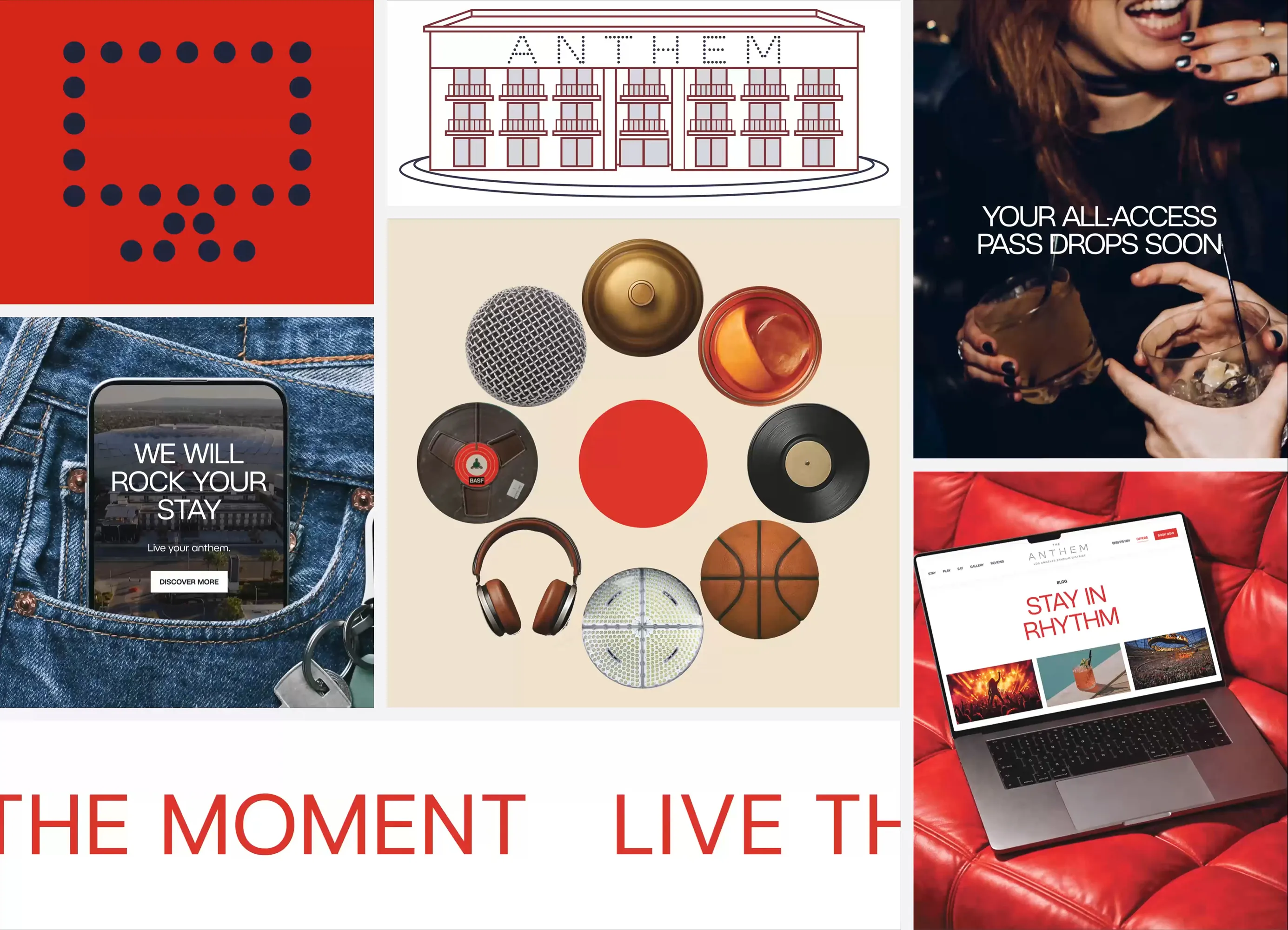 Moodboard grid of Anthem brand imagery and icons