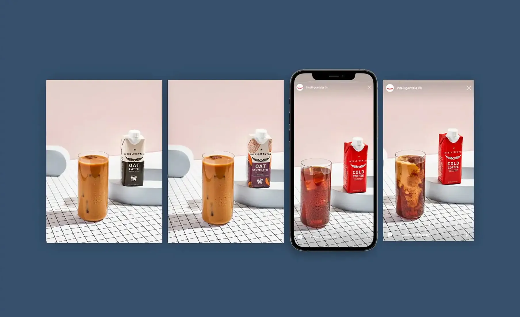 Oat milk latte cartons and glasses on white tile, with phone mockup