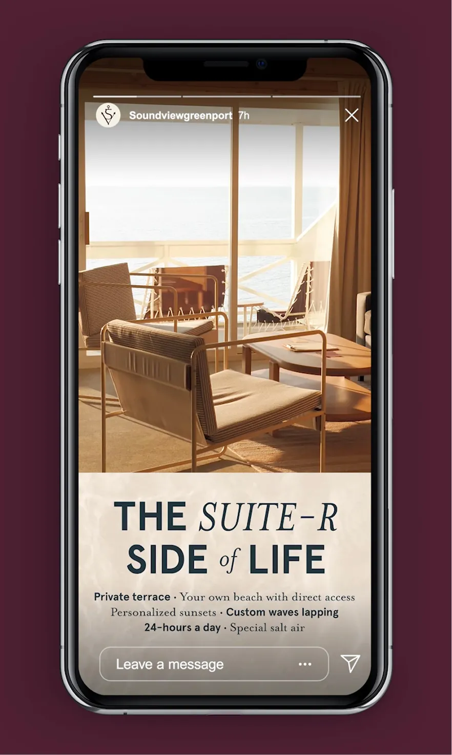 Phone mockup of Sound View Instagram story with lounge chairs on a terrace