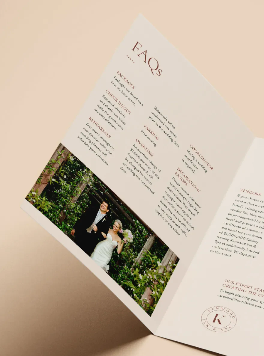 Open wedding FAQ brochure with photo of bride and groom