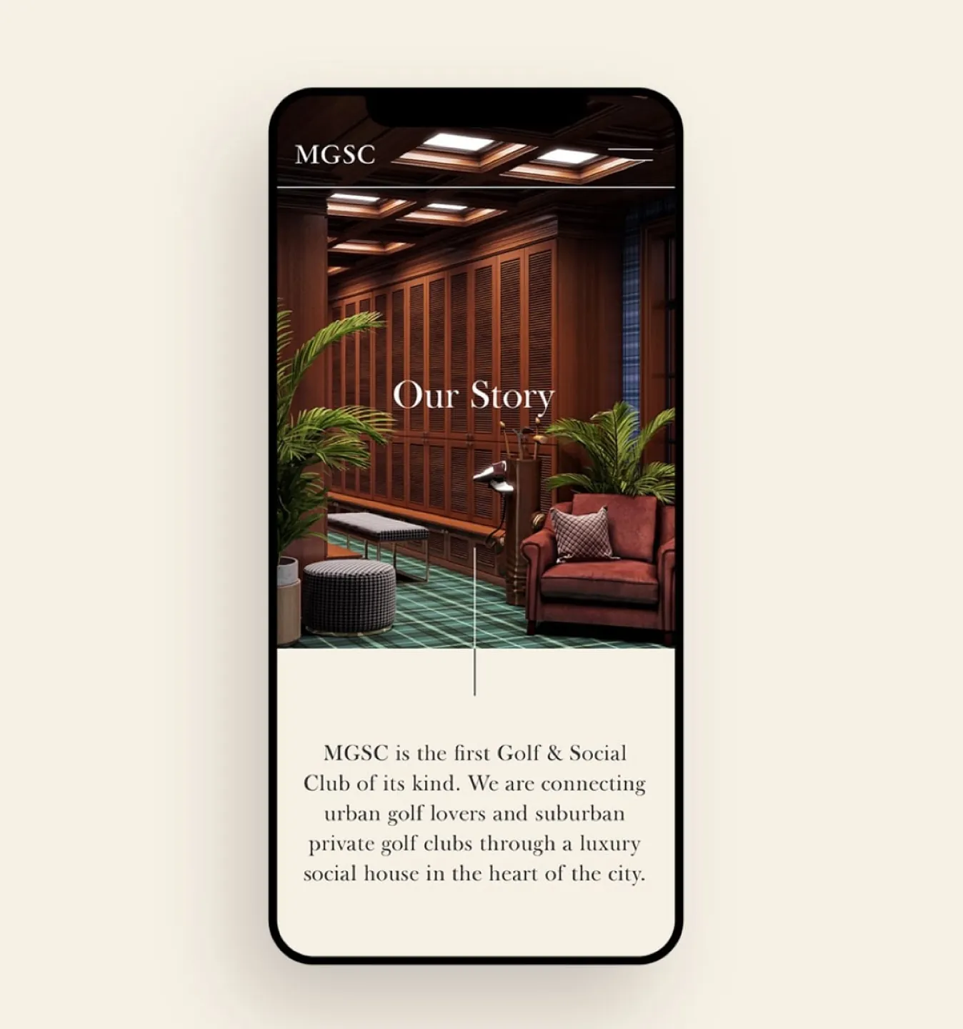 Phone mockup of MGSC Our Story page over a wood-paneled lounge interior