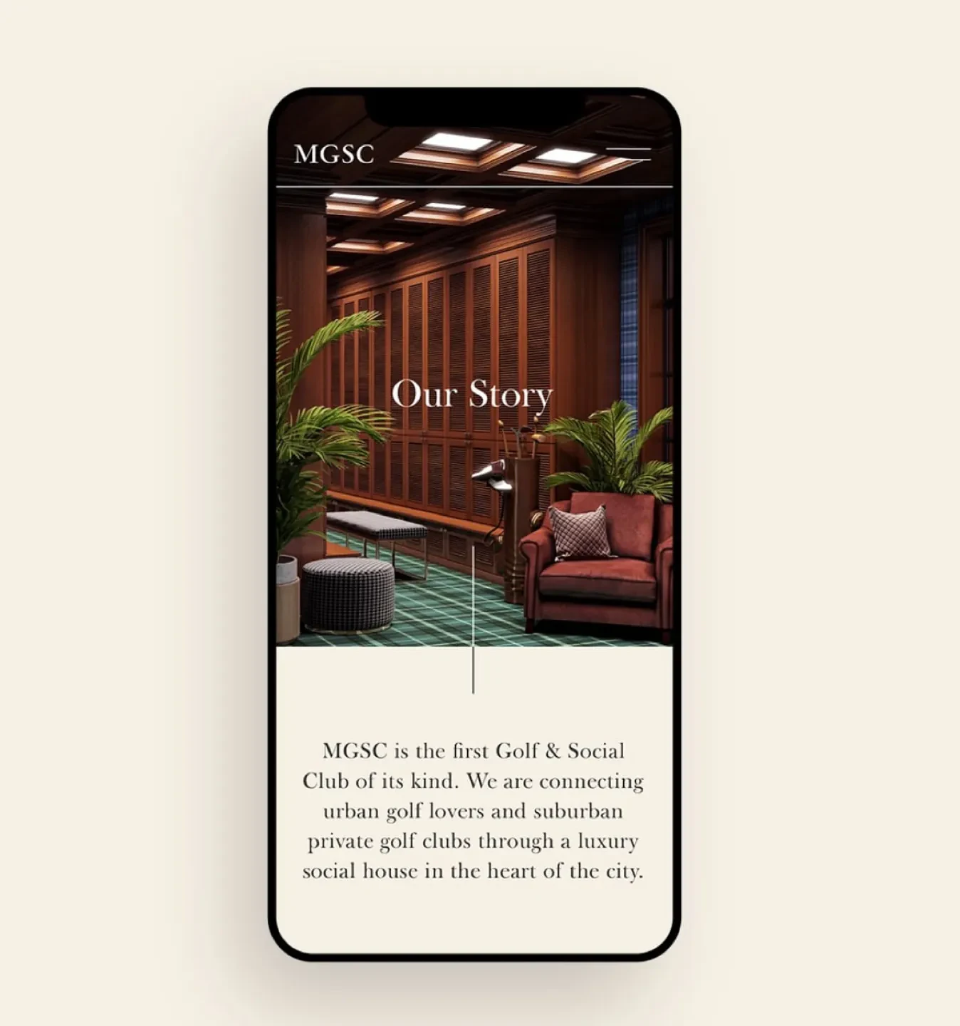 Phone mockup of MGSC Our Story page over a wood-paneled lounge interior
