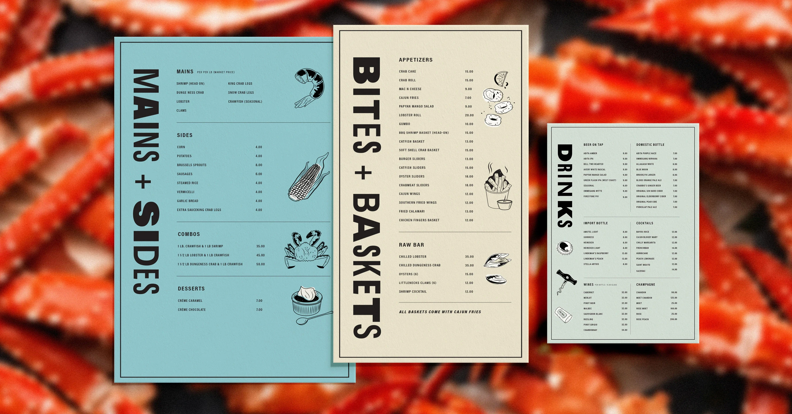 The Boil menu cards over a crab leg photo background