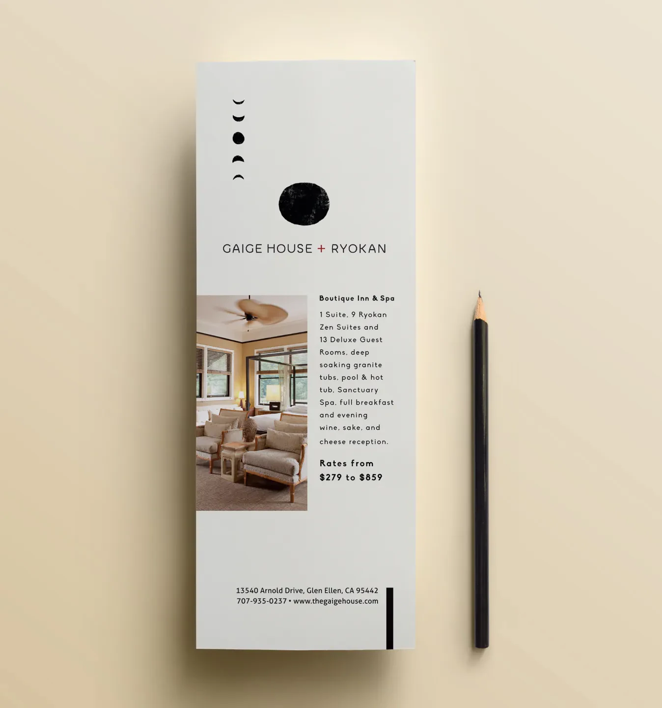 Gaige House and Ryokan rack card beside a pencil