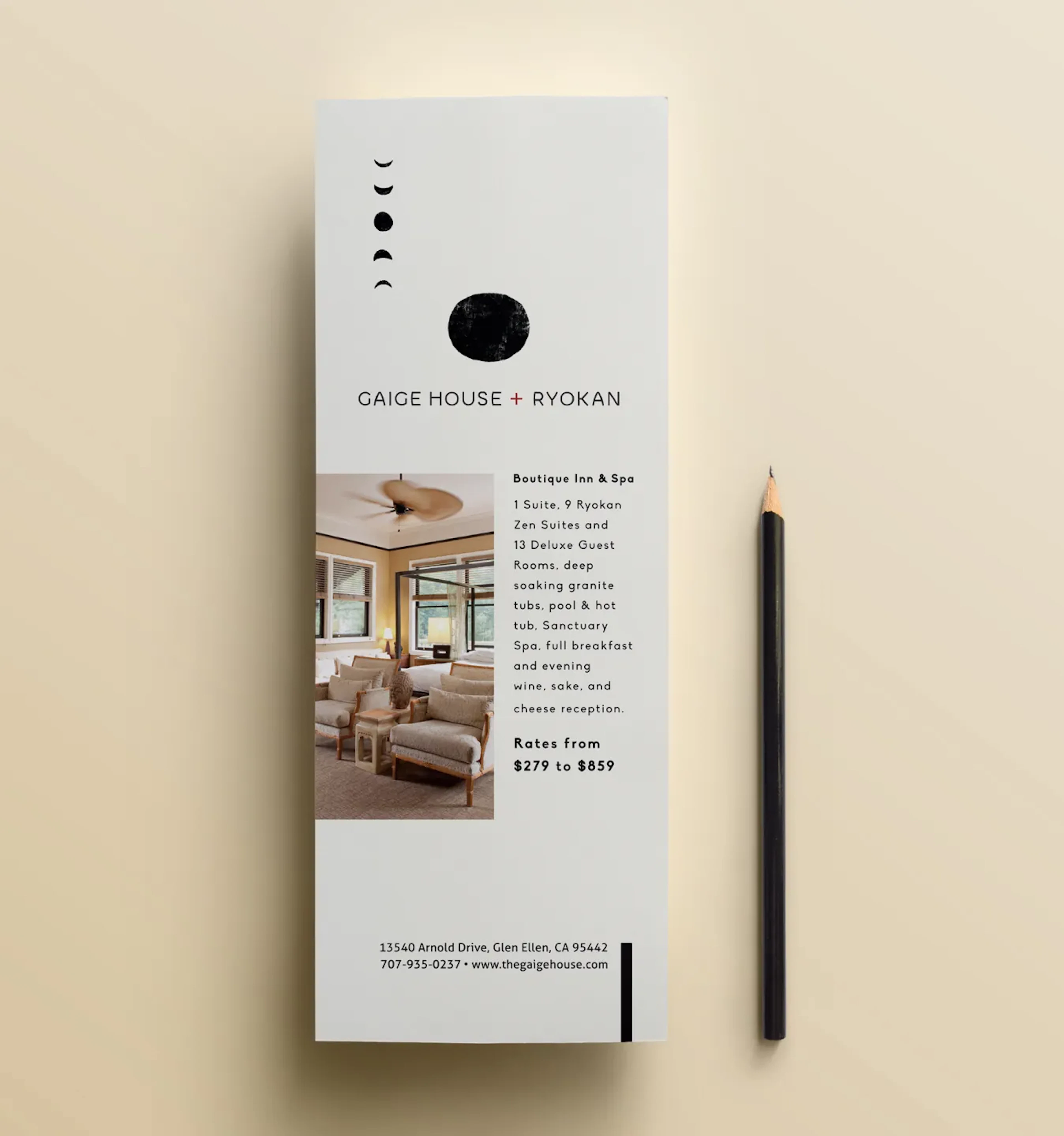 Gaige House and Ryokan rack card beside a pencil