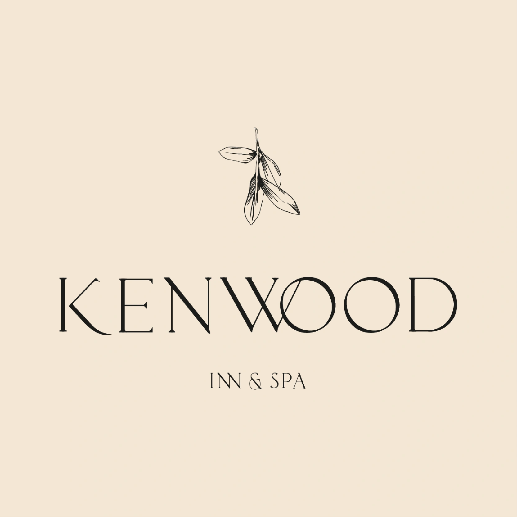 Logo for Kenwood Inn & Spa featuring elegant serif typography and a delicate botanical leaf illustration on a cream background.