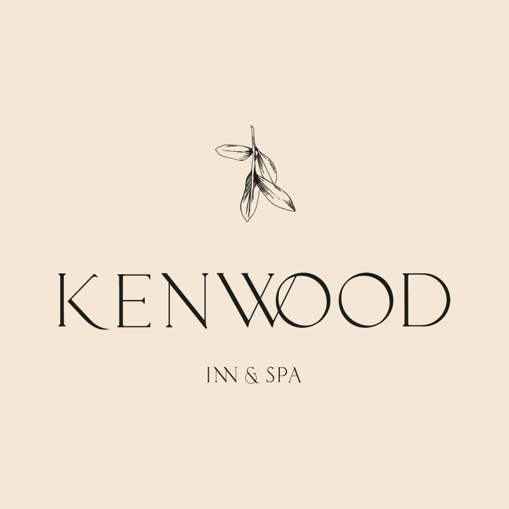 Logo for Kenwood Inn & Spa featuring elegant serif typography and a delicate botanical leaf illustration on a cream background.