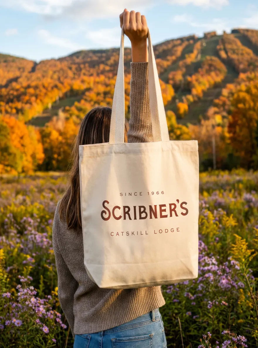 Scribner's tote bag held up in an autumn wildflower field
