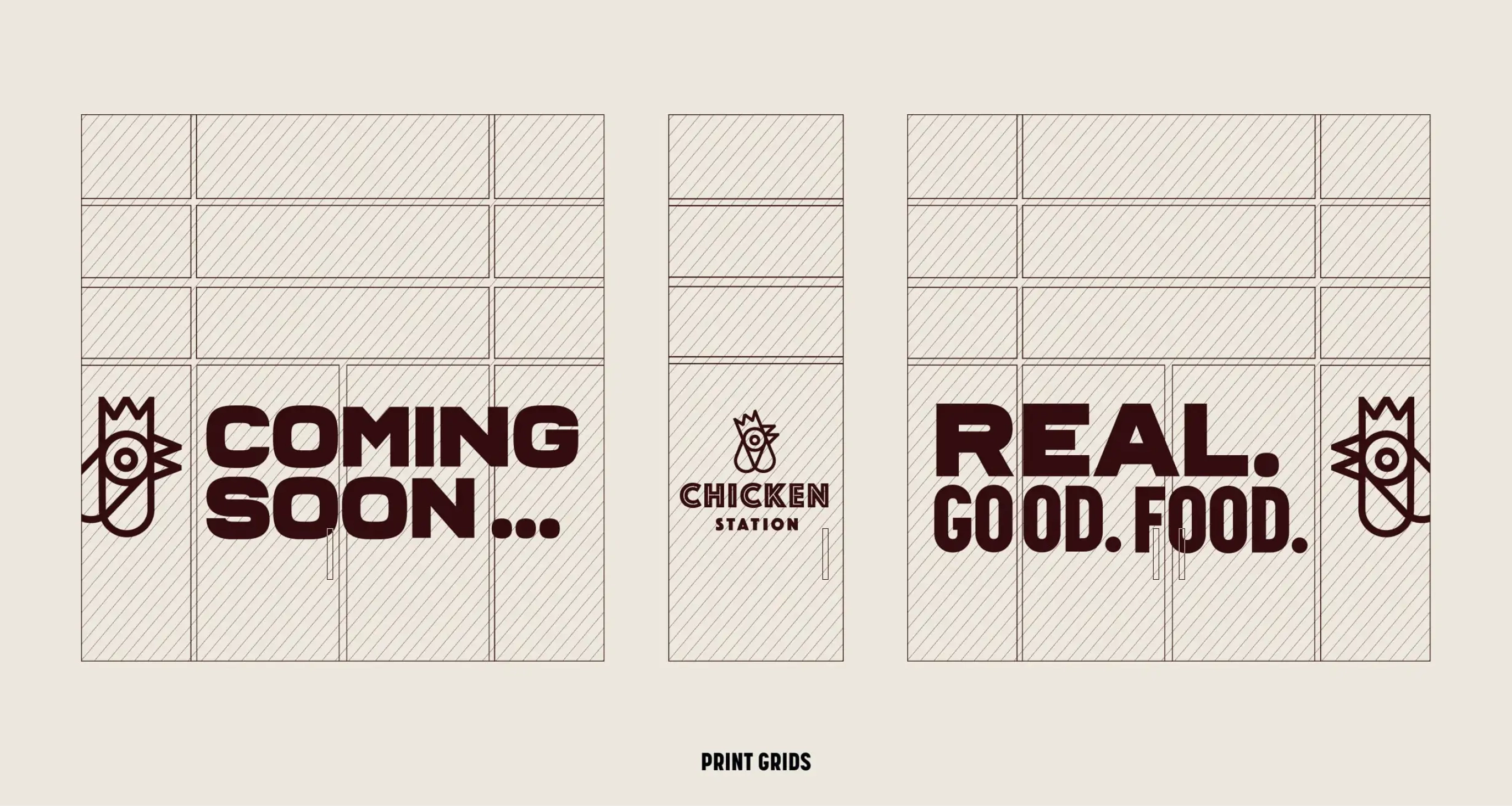 Print grid mockups of Chicken Station storefront graphics